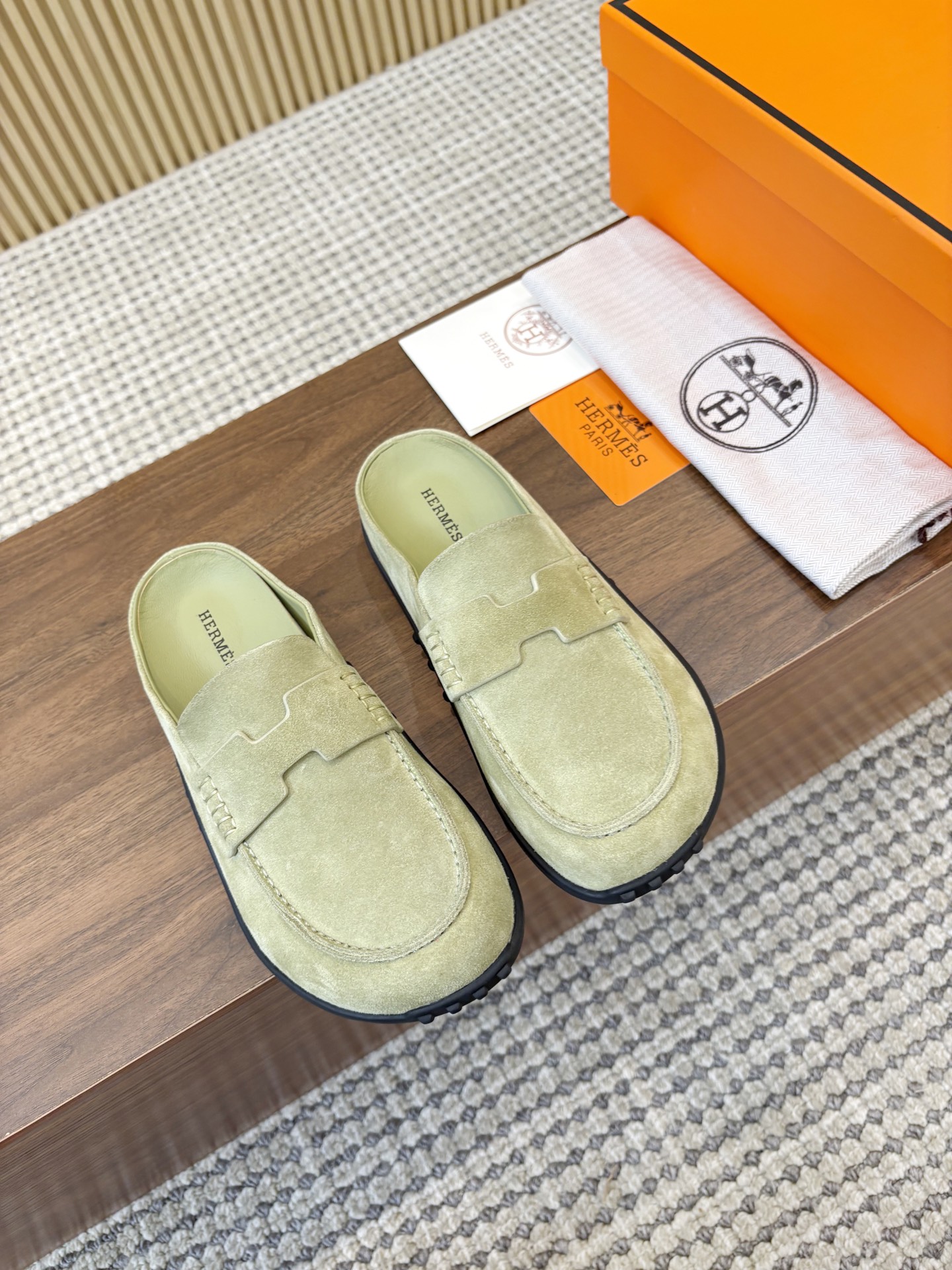Hermès Vert d'Eau H Cut-Out Suede Leather Go Loafer Mules - KAIROO