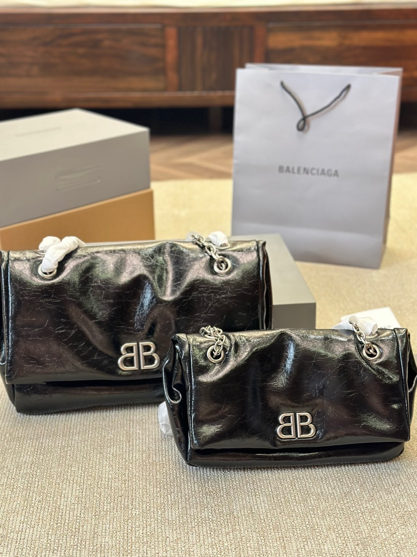 Balenciaga Monaco Black BB Silver Hardware Crumpled Leather Chain Shoulder Bag - KAIROO