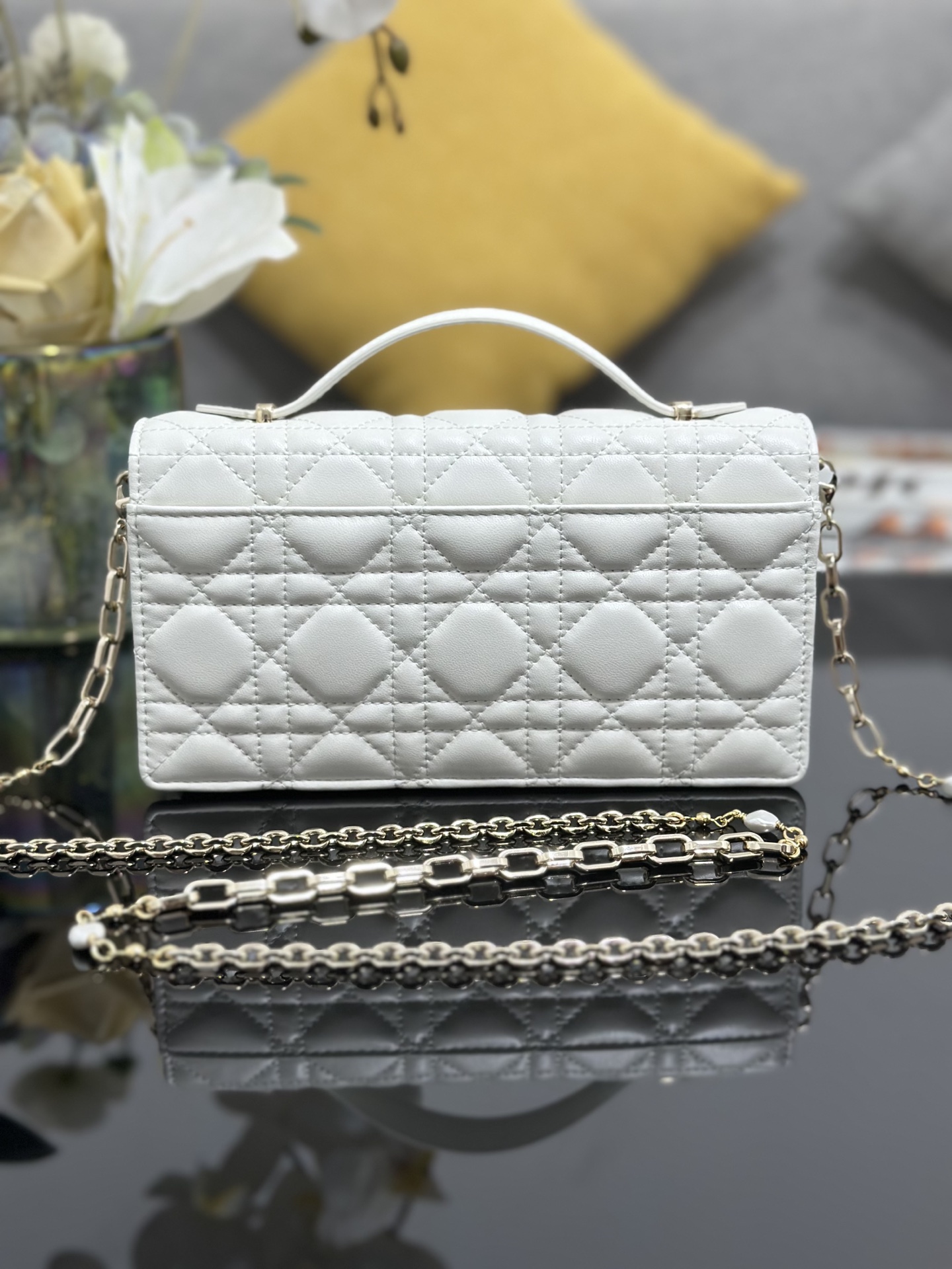 Miss Dior Chain Wallet/Clutch in White Cannage Lambskin