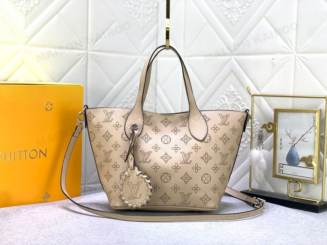 Louis Vuitton LV Mahina Blossom PM&MM Taupe Dense Perforated Monogram Leather Basket Handle Tote Bag - KAIROO