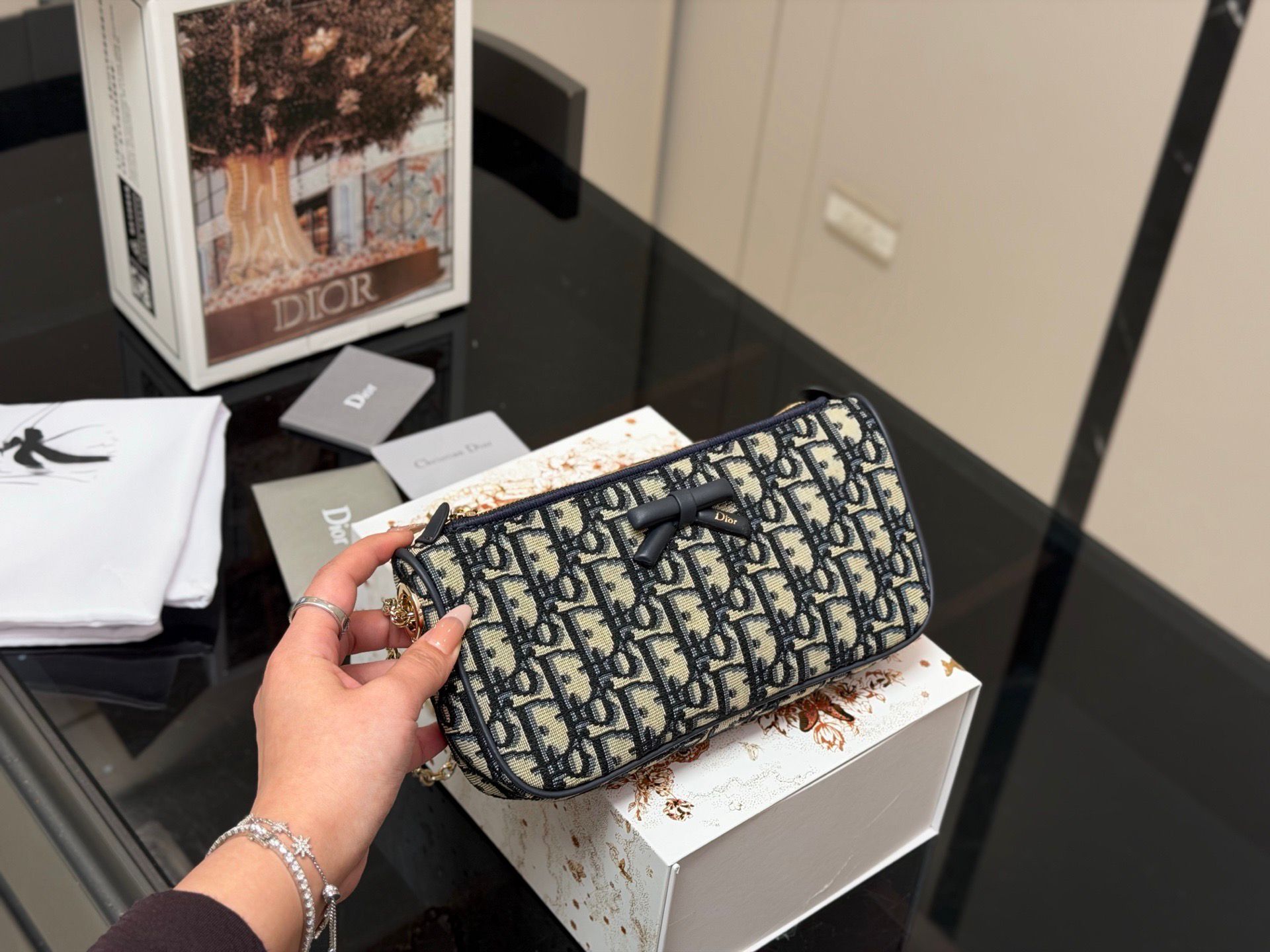 DIOR classic printed bow single-shoulder bag