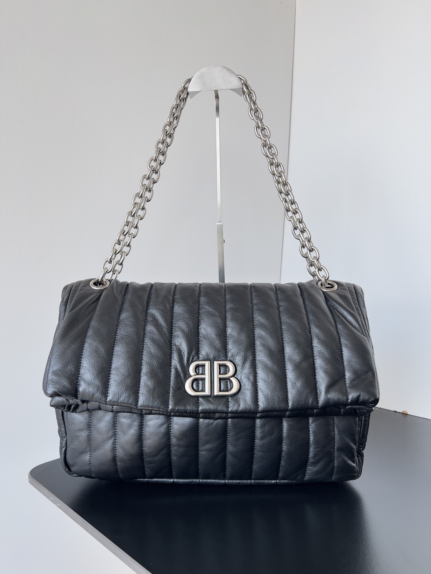 Balenciaga Monaco Black Large& Medium Vertical Quilted Leather Fold BB Flap Chain Shoulder Bag - KAIROO