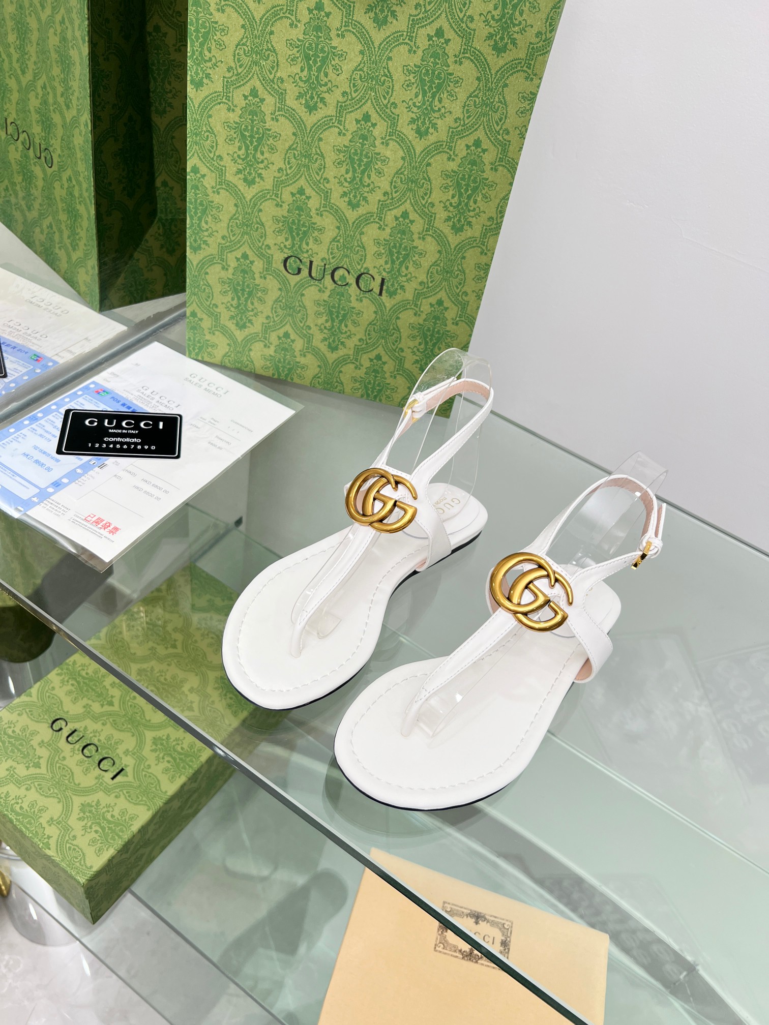 Gucci Marmont Double G Hardware Smooth Matte Leather Ankle Strap Flip Flops Thong Sandals - KAIROO