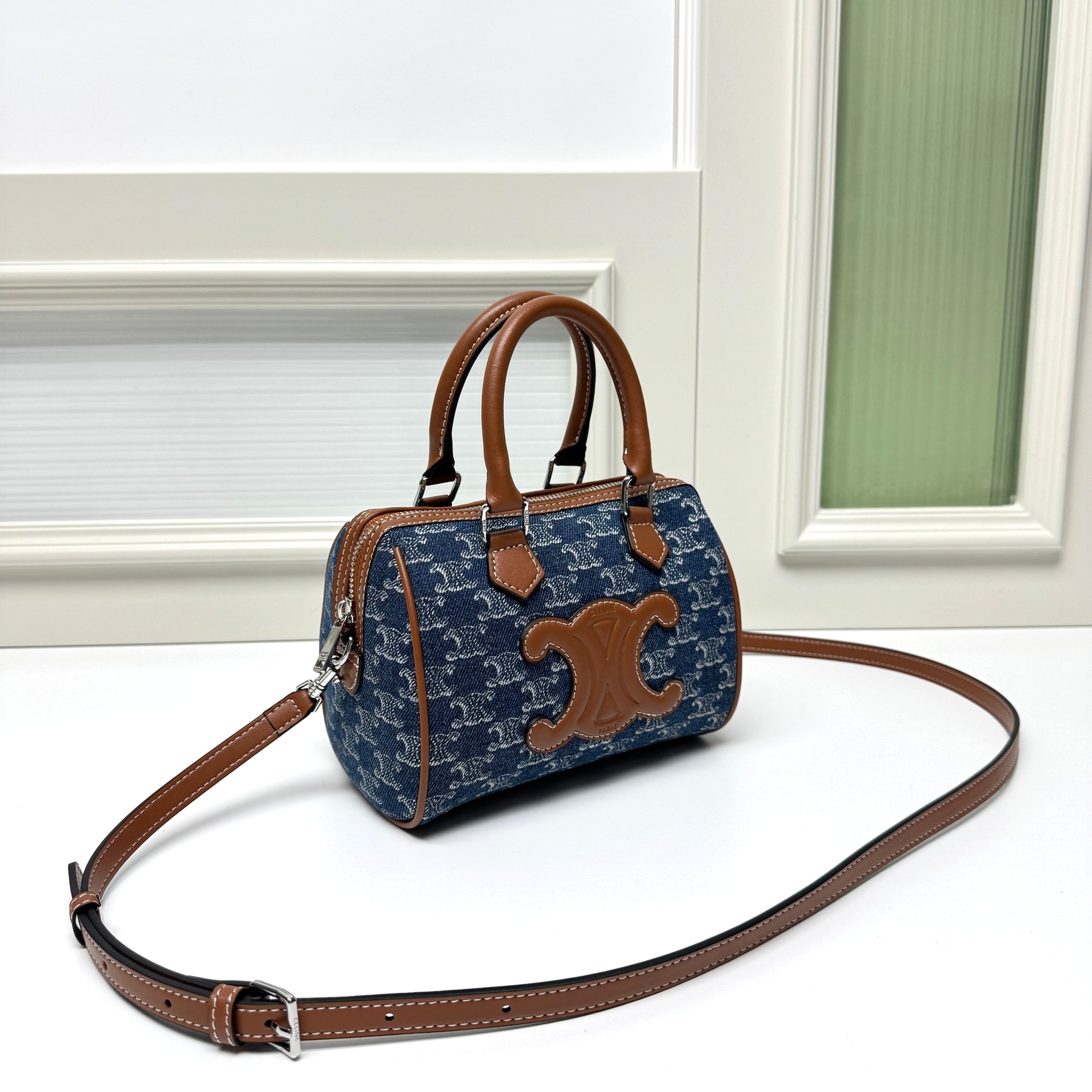 Celine Small Blue Denim Triomphe Monogram Patch Canvas Leather Trim Handle Doctor Boston Bag - KAIROO