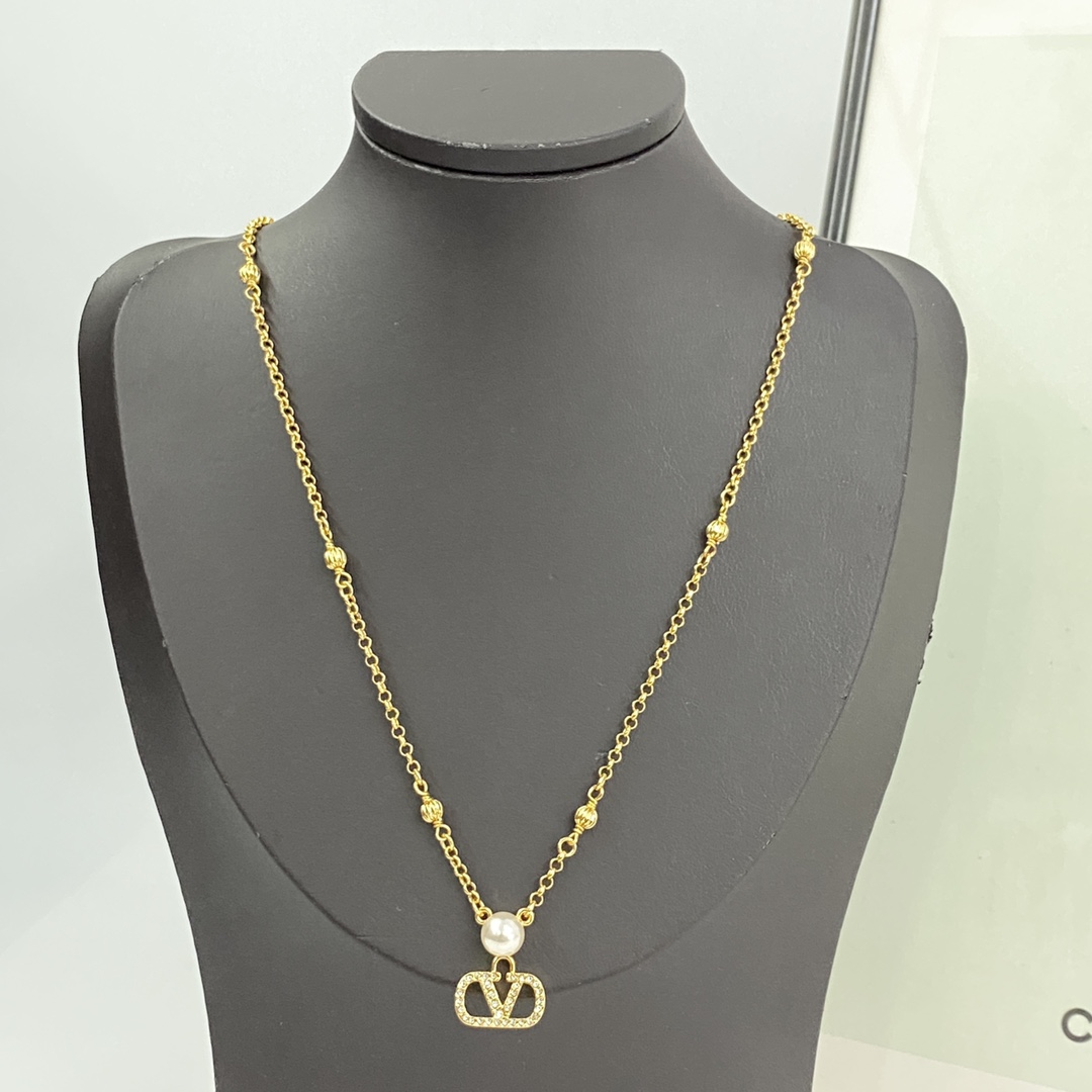 Valentino Gold Full Rhinestone V Logo Necklace
