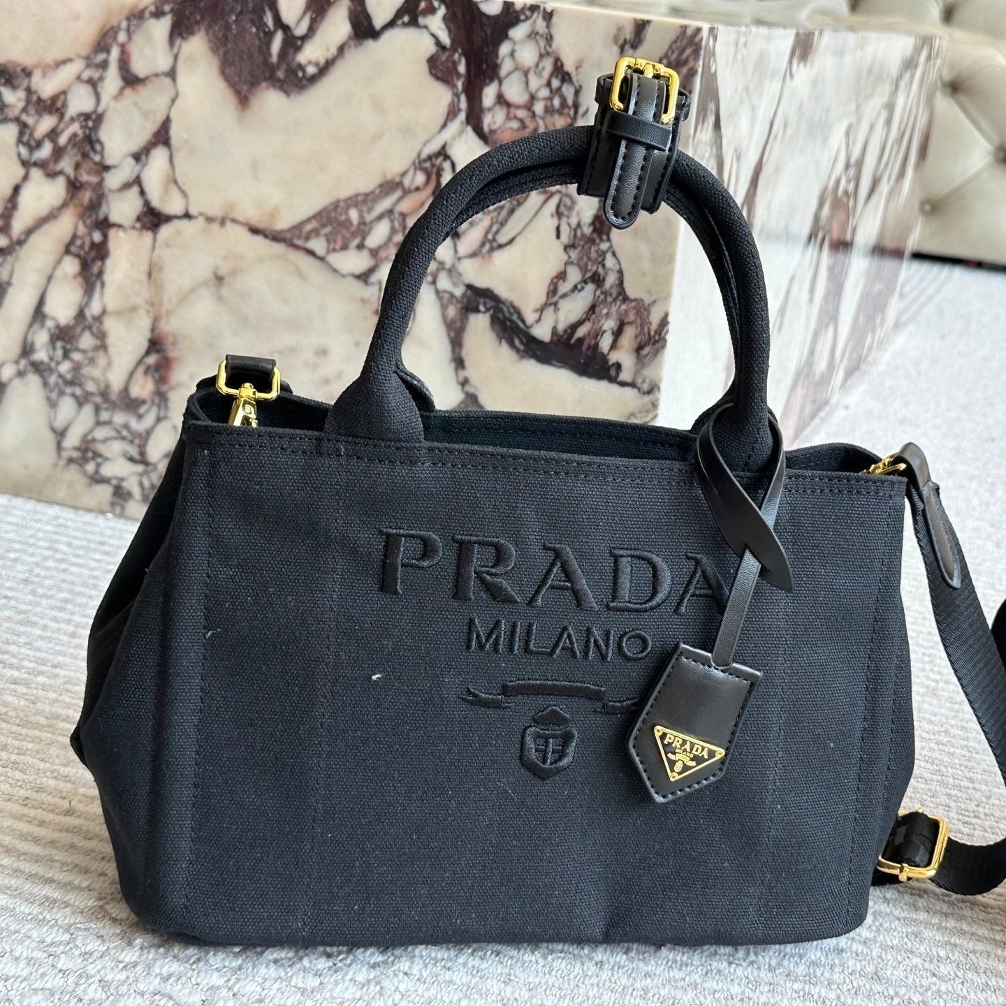 Prada EMBROIDED LOGO LARGE HANDBAG 30 IN BLACK LINEN BLEND