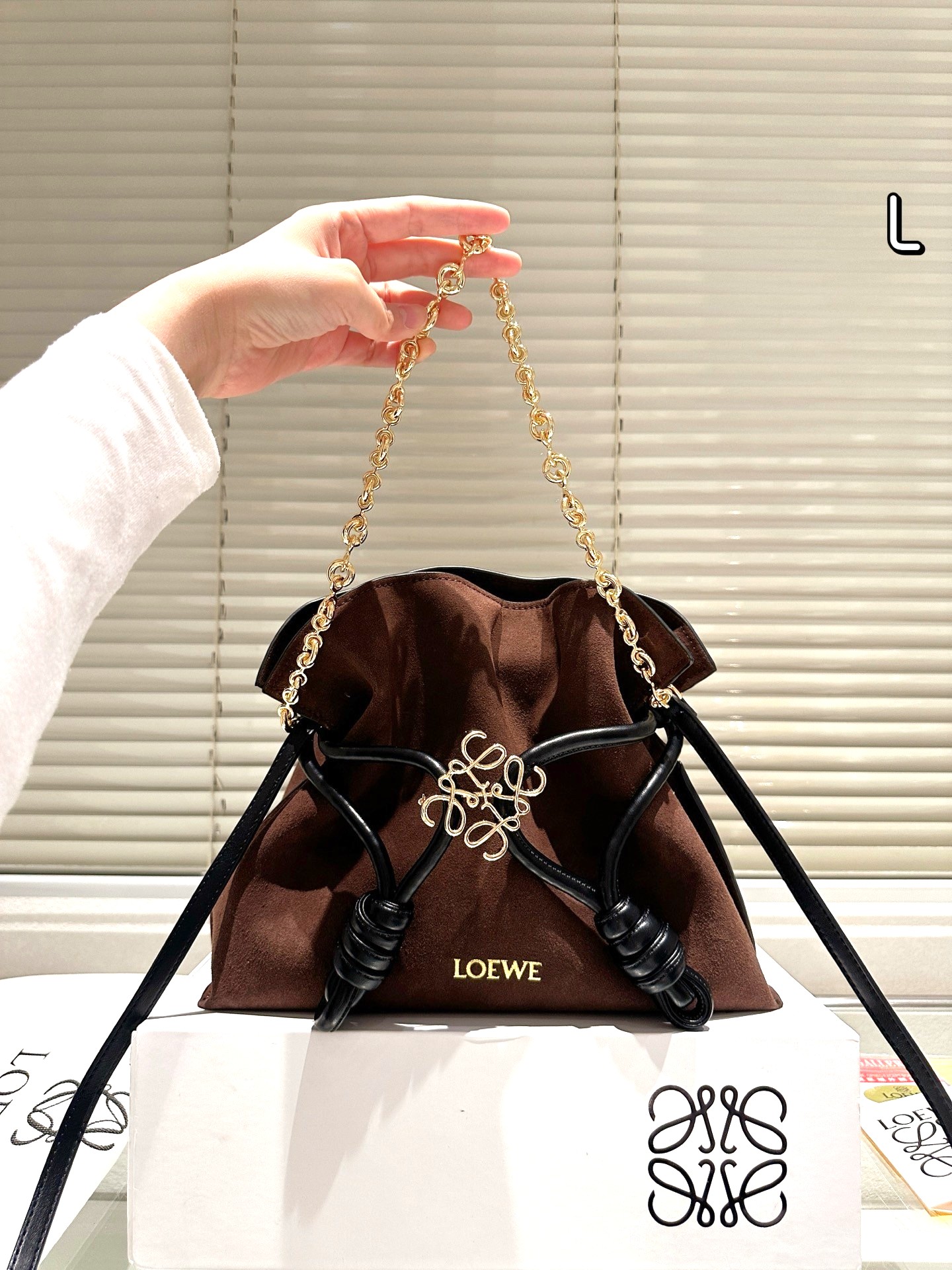 Loewe Chocolate Medium Flamenco Purse Ruched Nappa Leather Drawstring Chain Anagram Handle Shoulder Bag - KAIROO
