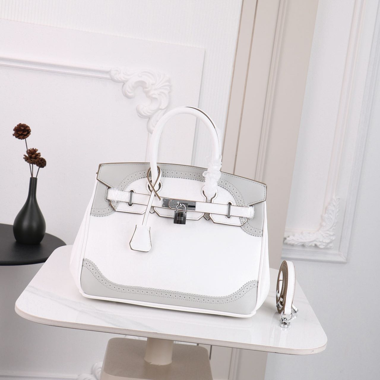 Hermes Birkin lace-trimmed platinum bag