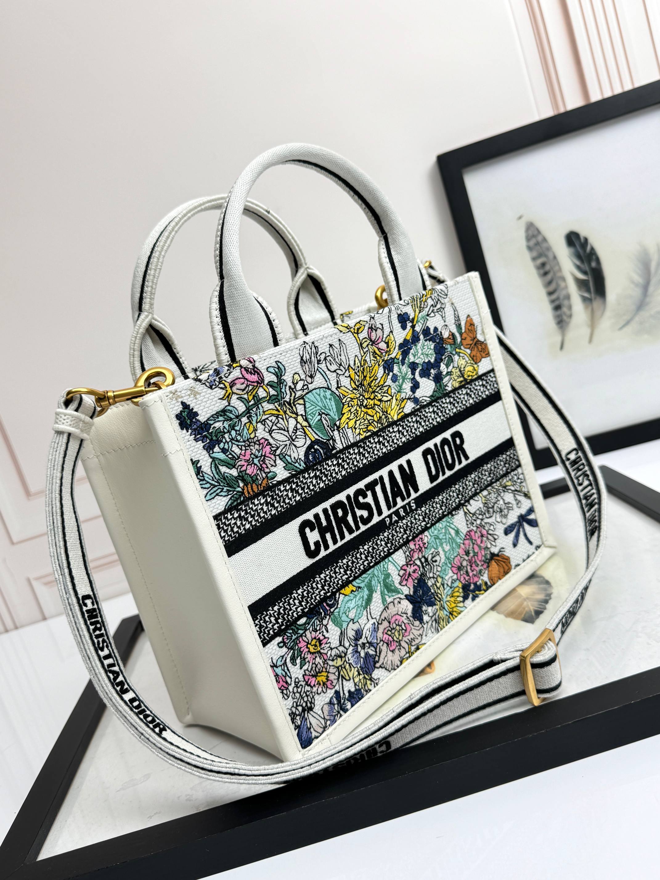 Dior Embroidered Canvas Small  Book Tote with shoulder strap
