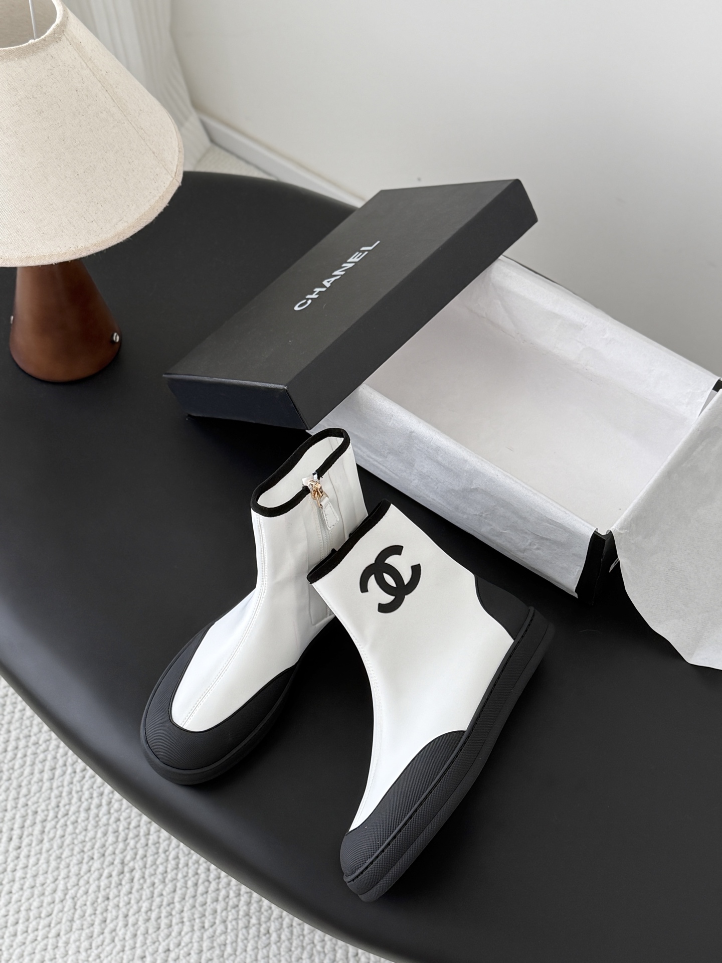 Chanel Cap-Toe Leather CC Logo Sock-Style Stretch Side Zip Platform Ankle Boots - KAIROO