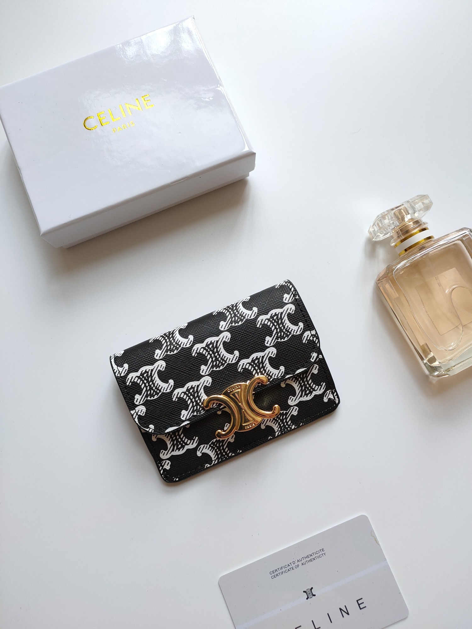 Celine Triomphe Monogram Canvas with Gold Triomphe Buckle Flap Card Holder - KAIROO