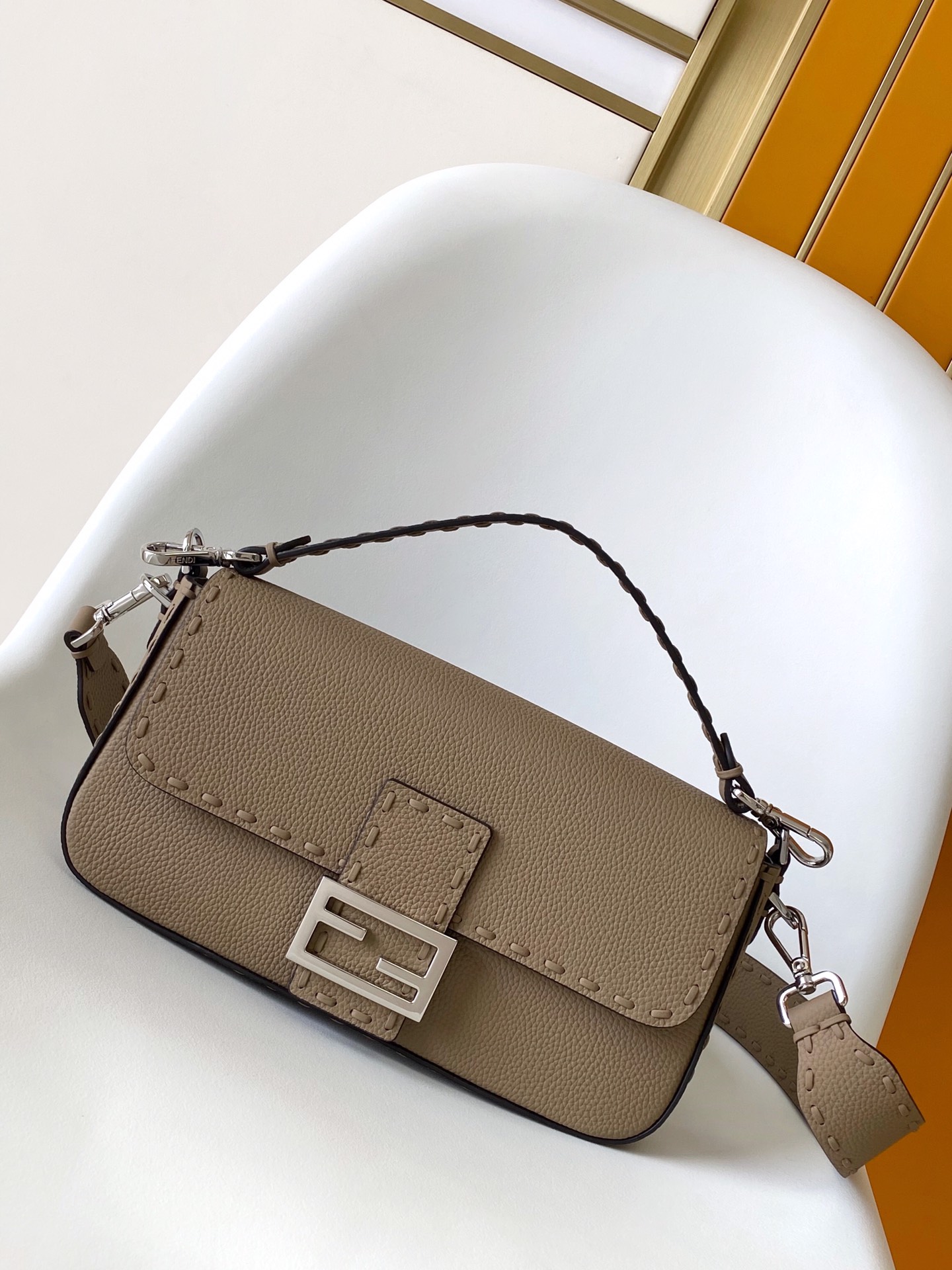 Fendi Medium Selleria Baguette Leather Bag-Light grey