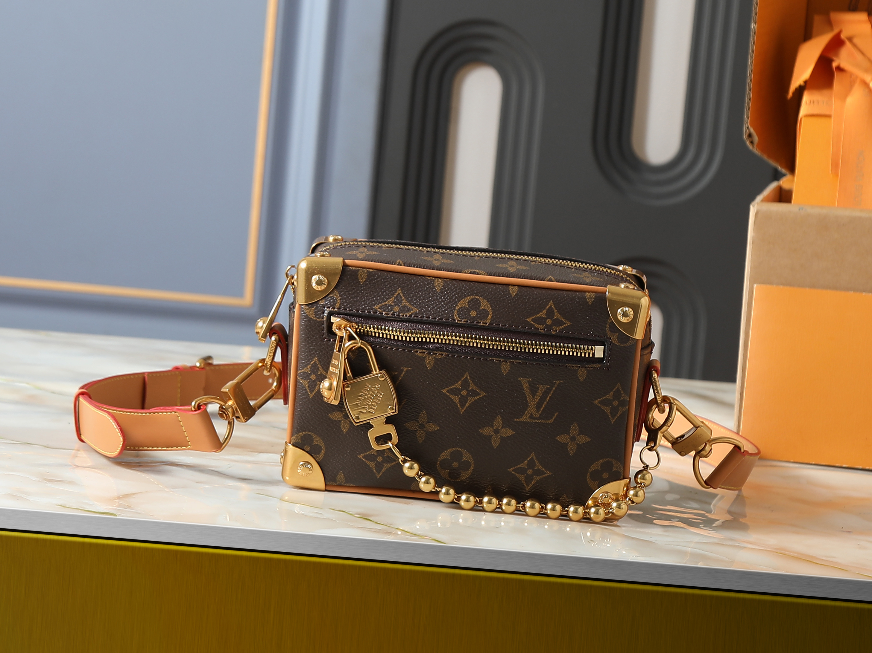 Louis Vuitton LV Mini Soft Trunk Monogram Canvas Gold Metal Round Bead Chain Shoulder Bag - KAIROO