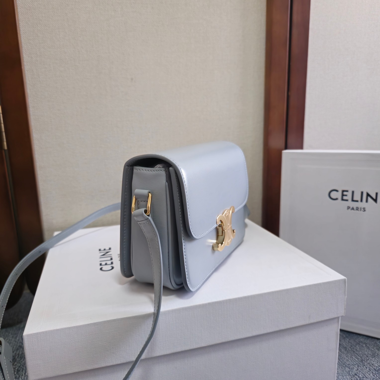 Celine Teen Triomphe Bag in Shiny Calfskin-Pale blue