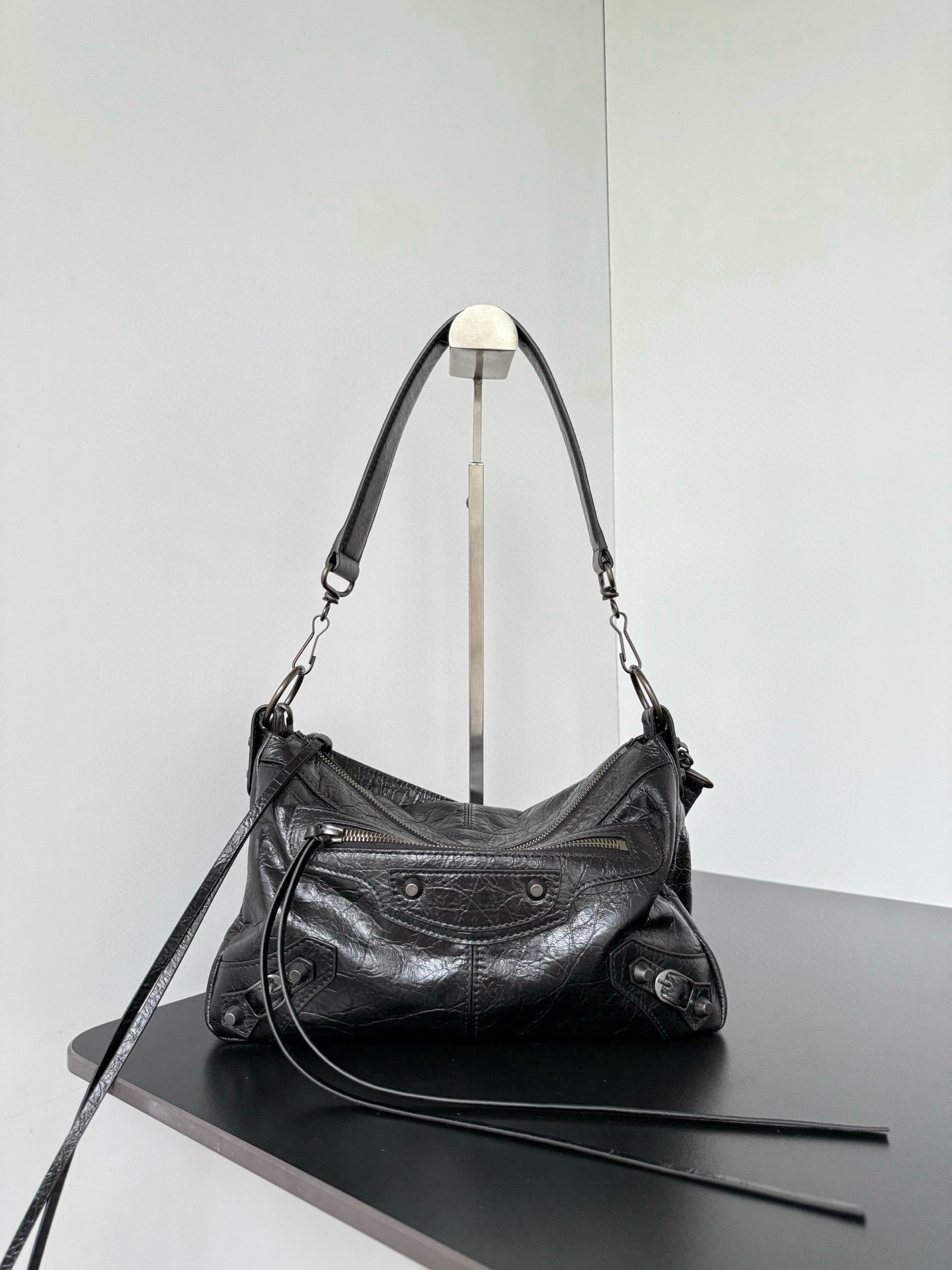 𝐁alenciaga Le City Moto Bag Small in Black Lambskin