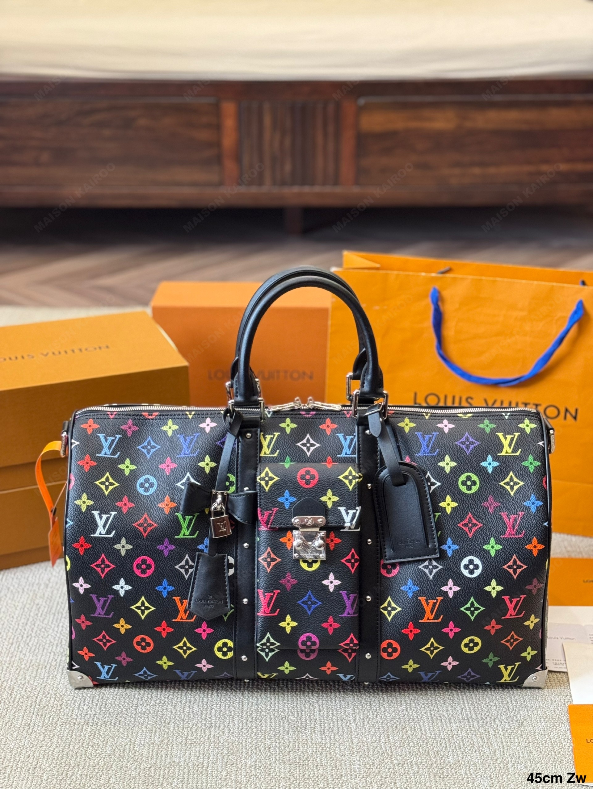 Louis Vuitton LV x TM Keepall Bandouliere 45/50 Black Multicolore Monogram Canvas Travel Bag - KAIROO
