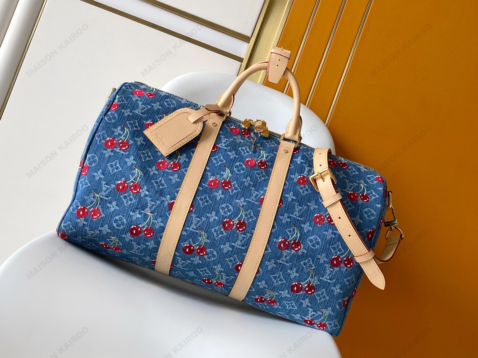 Louis Vuitton LV x TM Keepall Bandouliere 45 Cerises Denim Jacquard Monogram Canvas Travel Bag - KAIROO