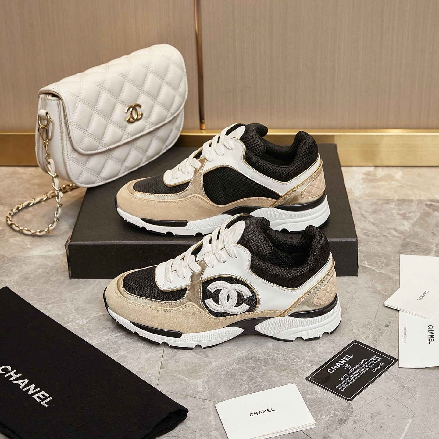 Chanel Gold Beige Black Bicolor Mesh Suede Leather CC Logo Low Top Runner Sneakers - KAIROO