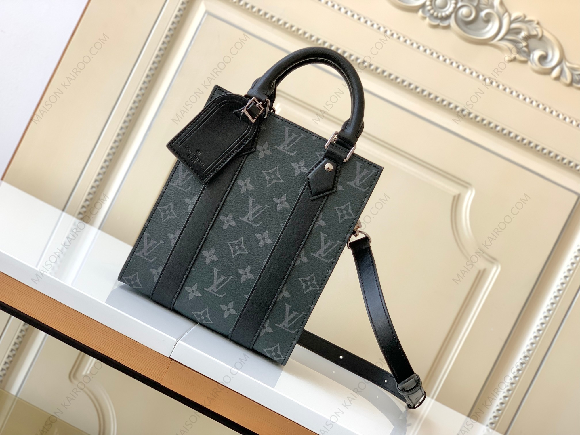 Louis Vuitton LV Sac Plat BB Black Eclipse Monogram Canvas Handheld Briefcase Vertical Tote Bag - KAIROO