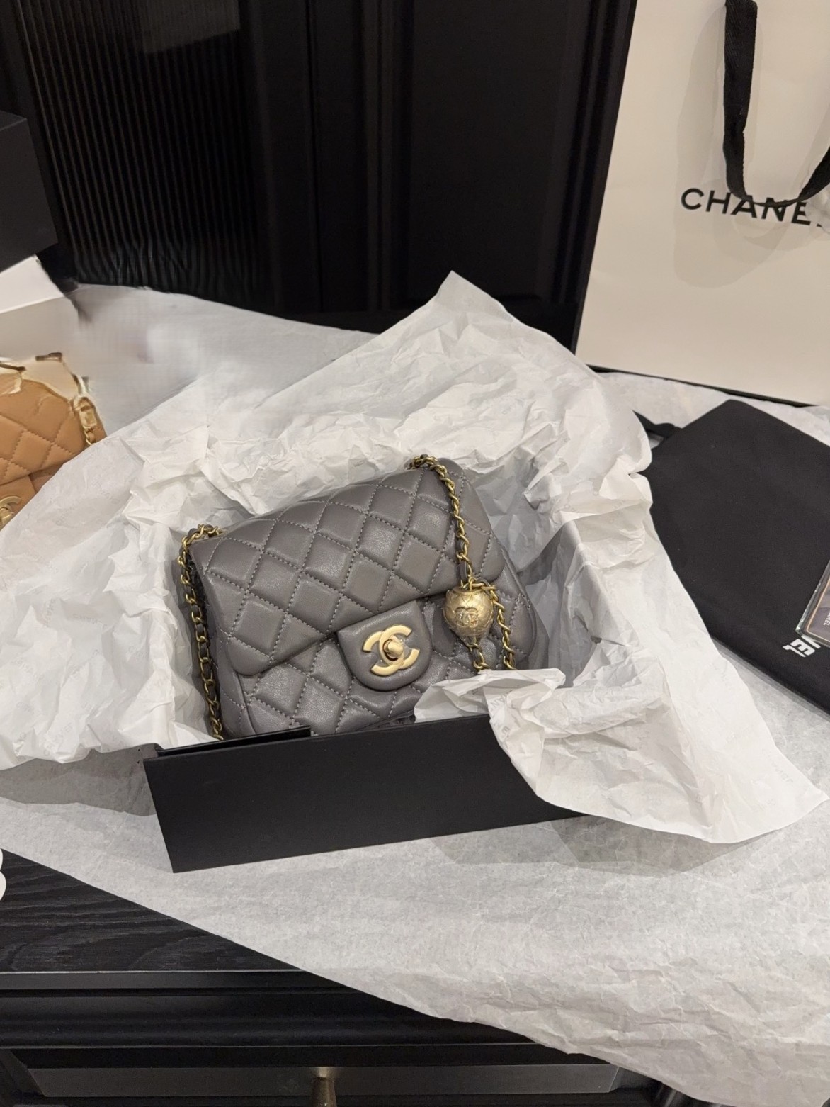 Chanel Mini Square CF 17CM Gold Ball Pearl Crush Quilted Leather Flap Chain Shoulder Bag - KAIROO