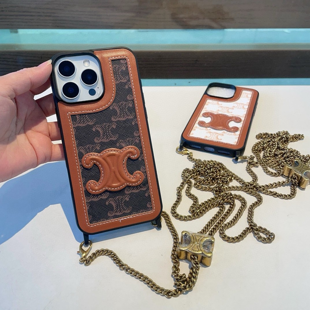 Celine Triomphe Canvas and Tan Leather Patch Logo Chain Phone Case - KAIROO