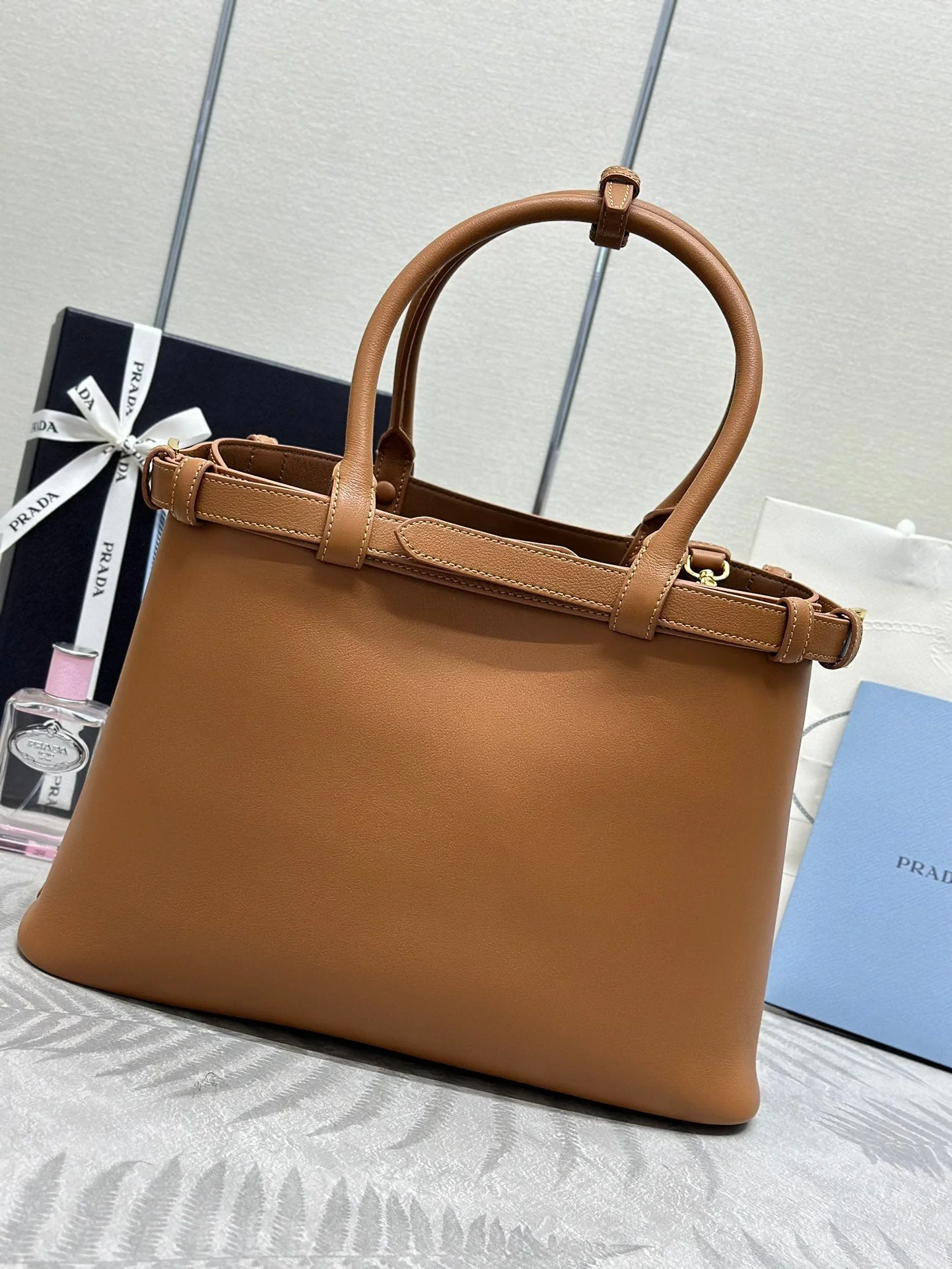 Prada Buckle Tote Bag 35cm Brown Cowhide