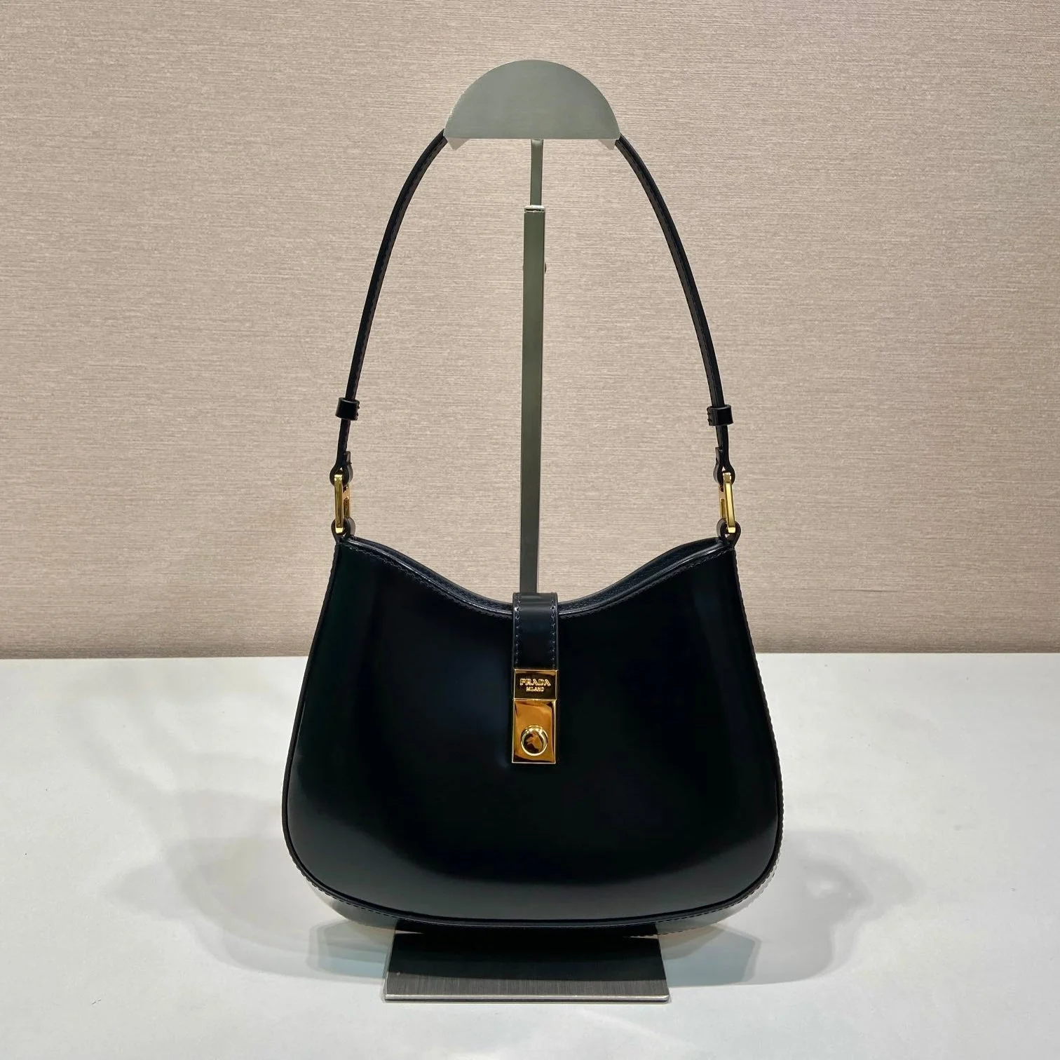 Prada CLEO SHOULDER BAG 22 IN BLACK BRUSHED LAMBSKIN WITH CLASP CLOSURE