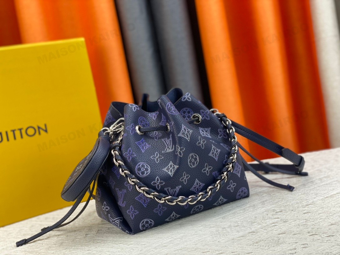 Louis Vuitton LV Mahina Bella Navy Gradient Perforated Monogram Leather Drawstring Bucket Shoulder Bag - KAIROO