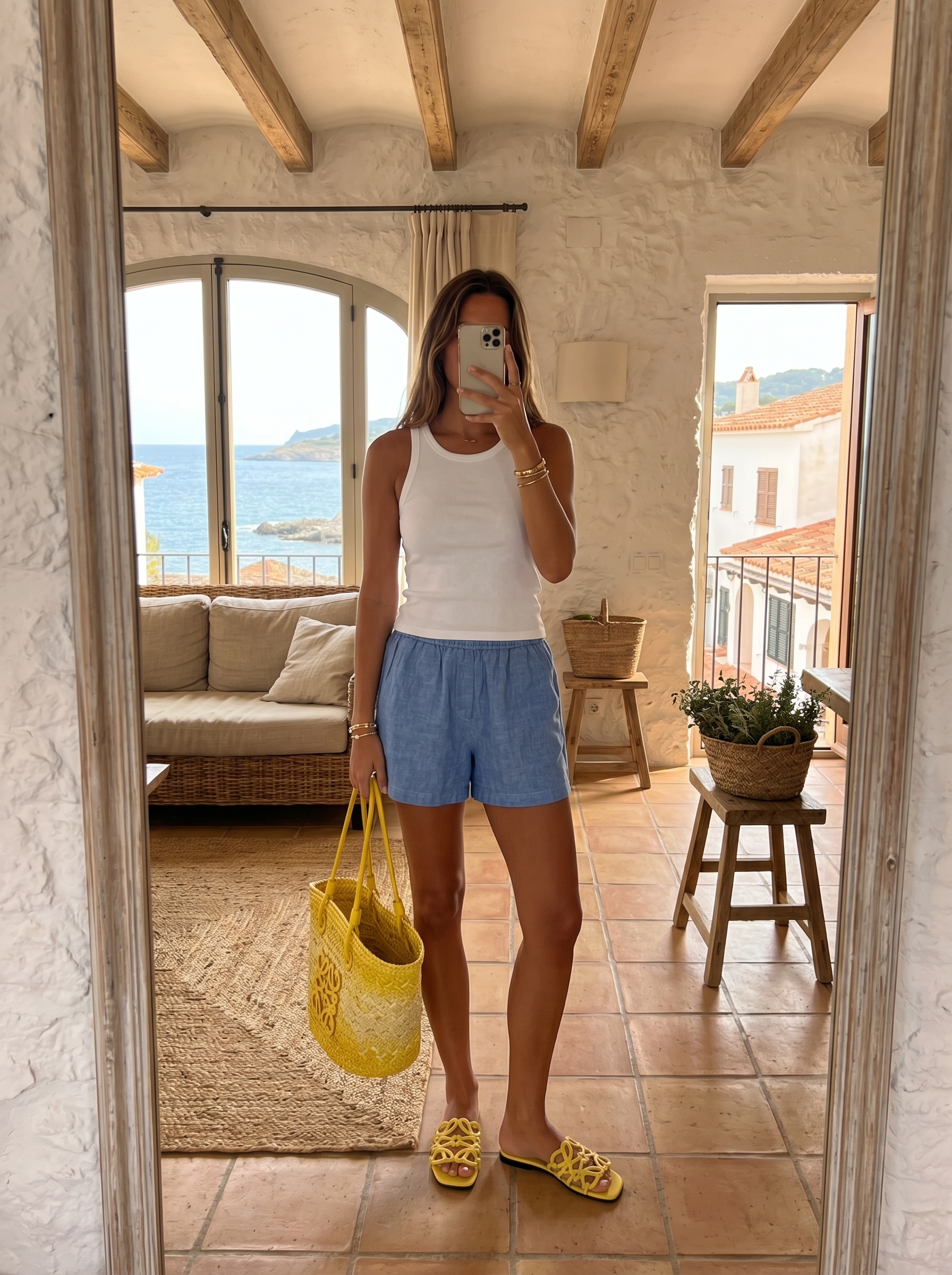Loewe Paula's Ibiza Yellow Woven Raffia Leather Anagram Basket Tote Bag & Open Toe Flat Sandals Basket Set - KAIROO