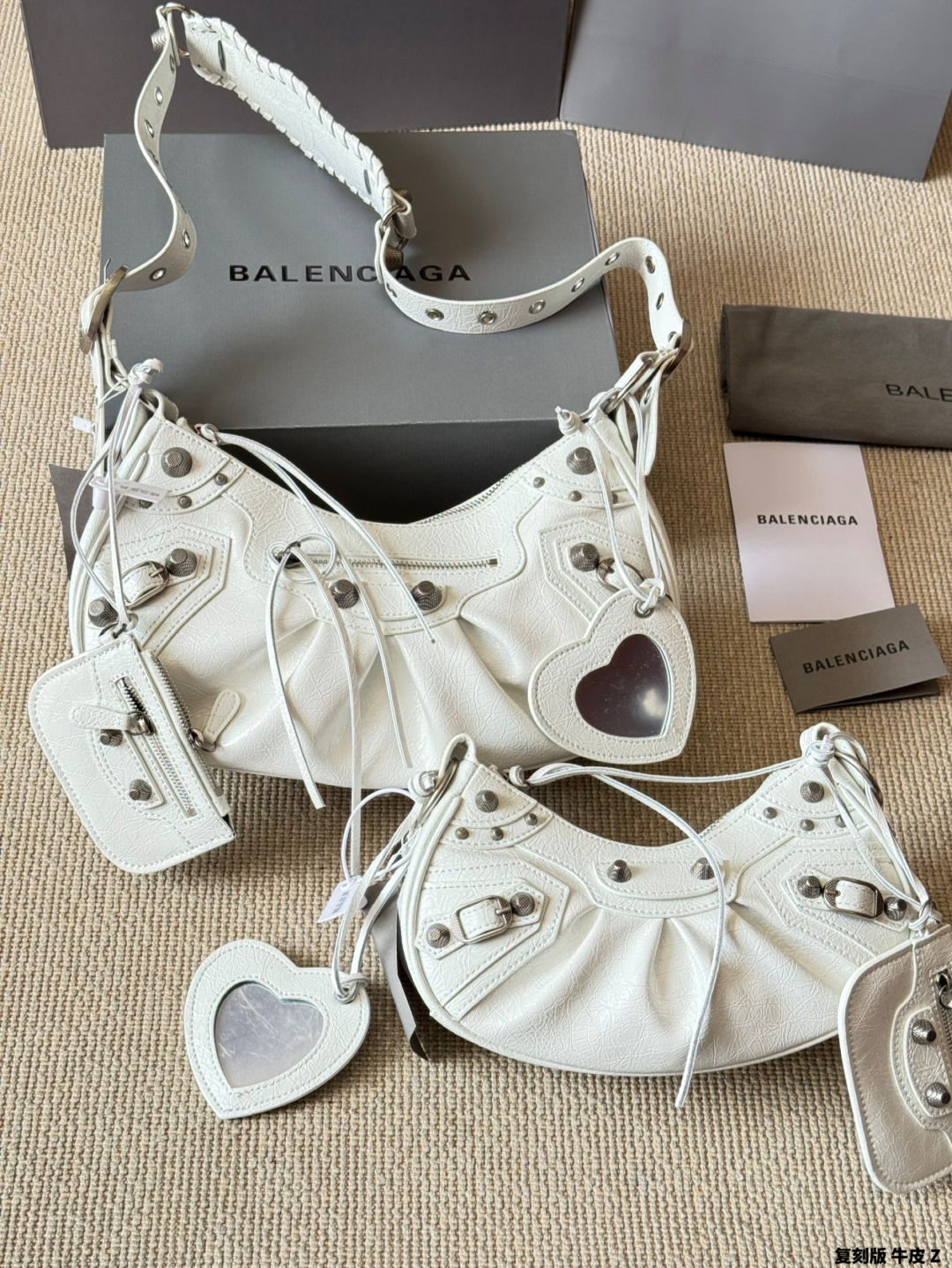 Balenciaga Le Cagole Black/White Crinkled Leather Studded Purse& Heart Mirror Charm Hobo Shoulder Bag - KAIROO