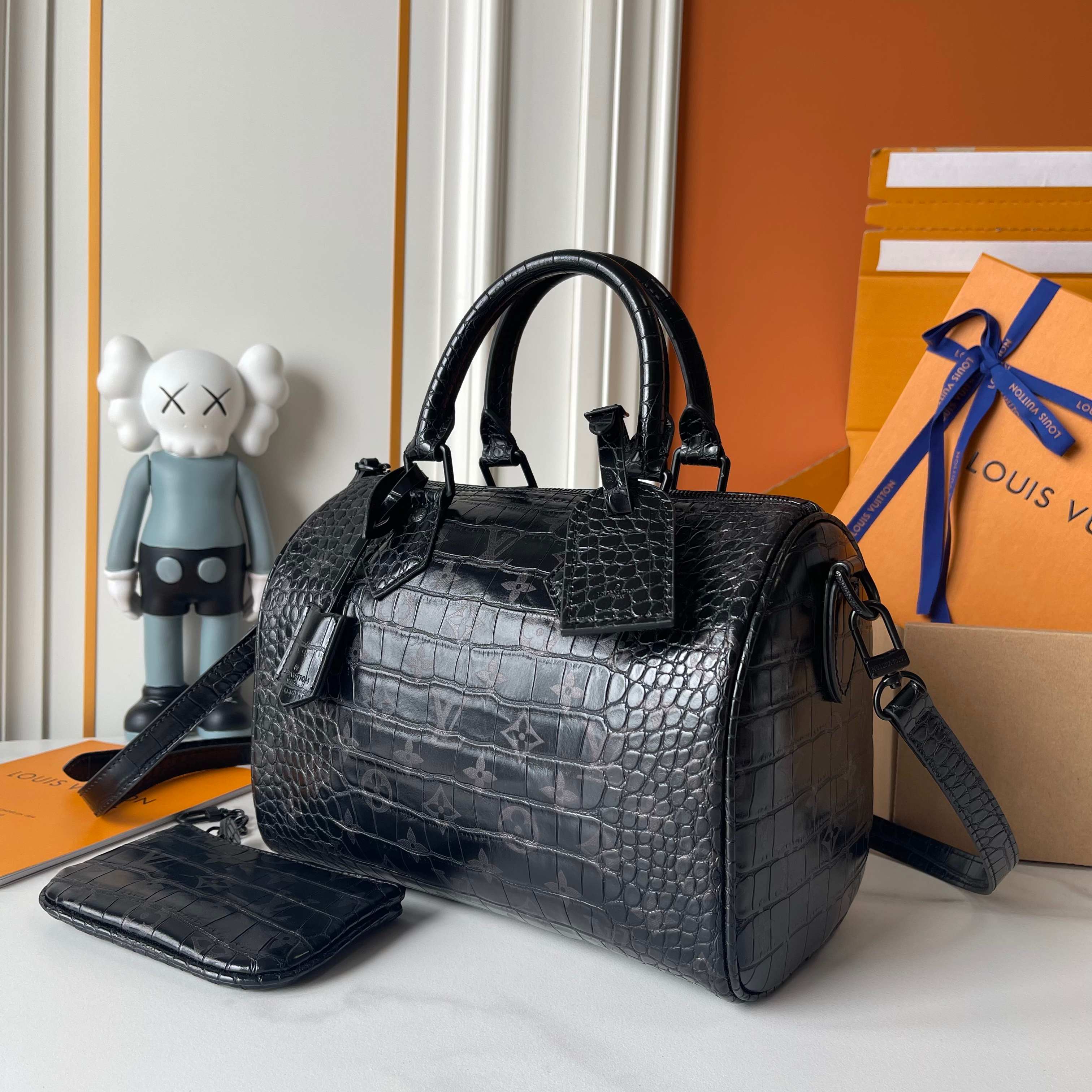 Louis Vuitton LV Speedy 25/30 Monogram Black Crocodile Embossed Leather Boston Top Handle Bag - KAIROO
