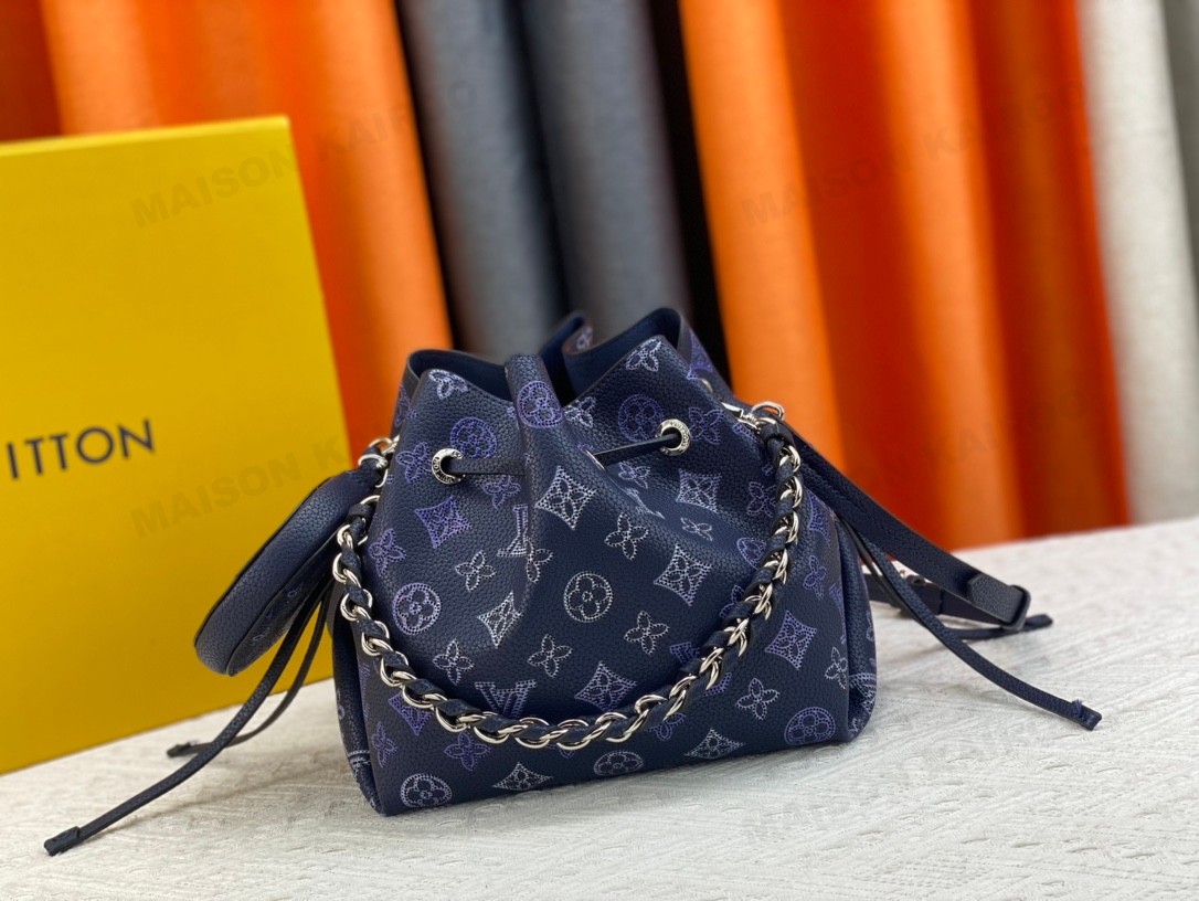 Louis Vuitton LV Mahina Bella Navy Gradient Perforated Monogram Leather Drawstring Bucket Shoulder Bag - KAIROO