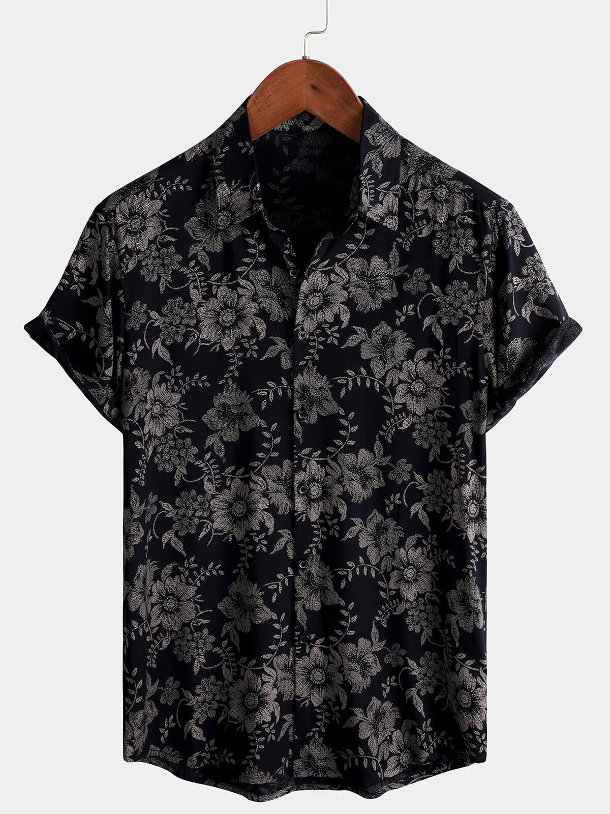 Men's Navy Floral Print Hawaiian Short Sleeve Shirt