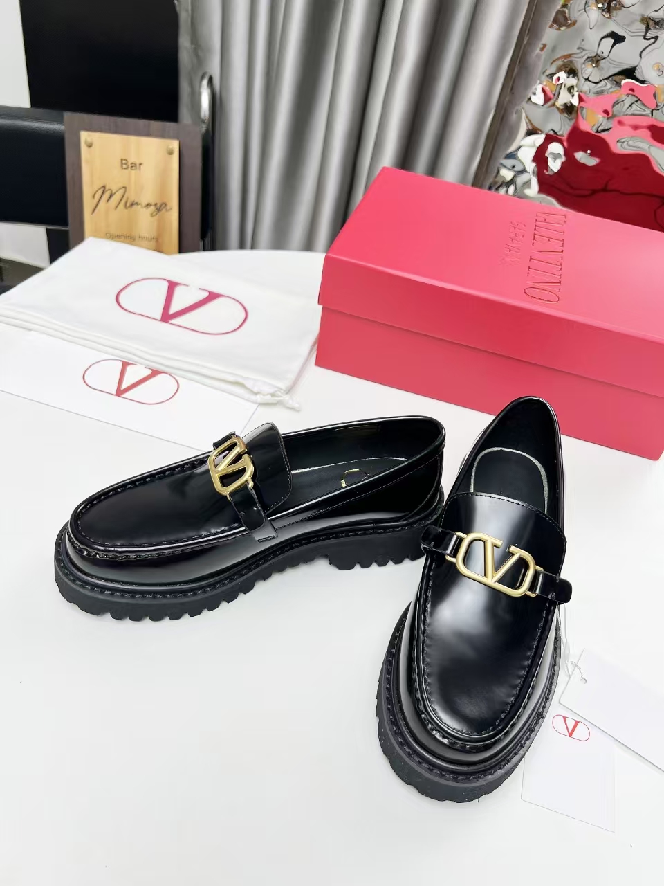 Valentino Garavani Black Shiny Leather Gold VLogo Signature Lug Sole Platform Loafers - KAIROO