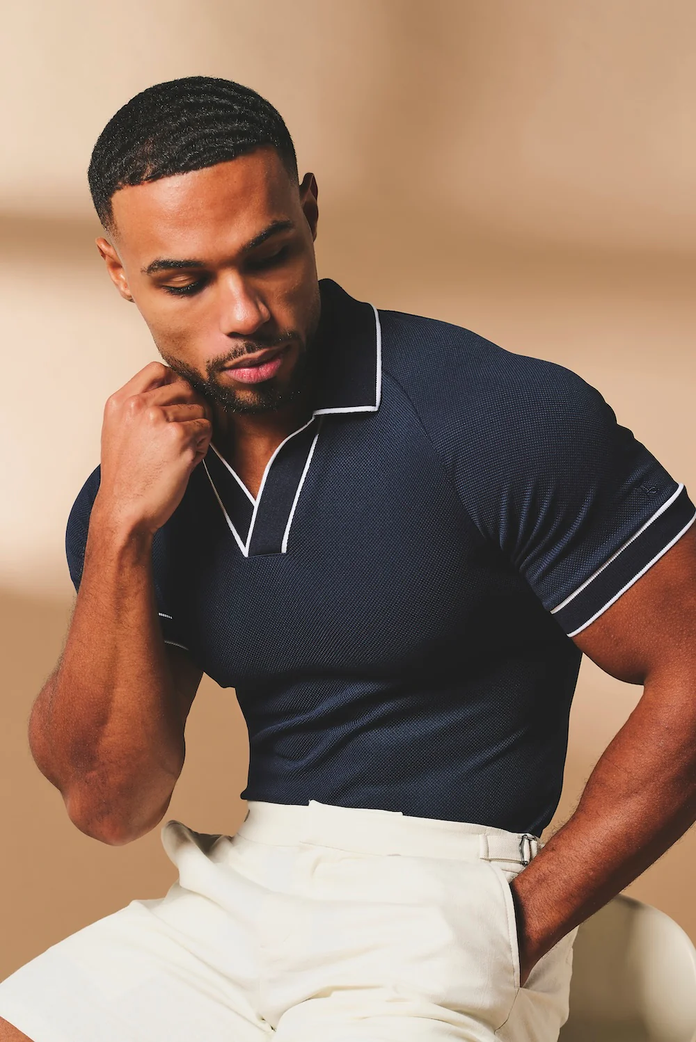 Tipped Textured Open Collar Polo Shirt in Navy and White