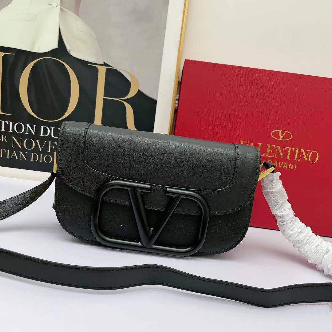 Valentino Mini& Small Oversized VLogo Signature Black Leather Maxi Tonal Hardware Flap Shoulder Bag - KAIROO