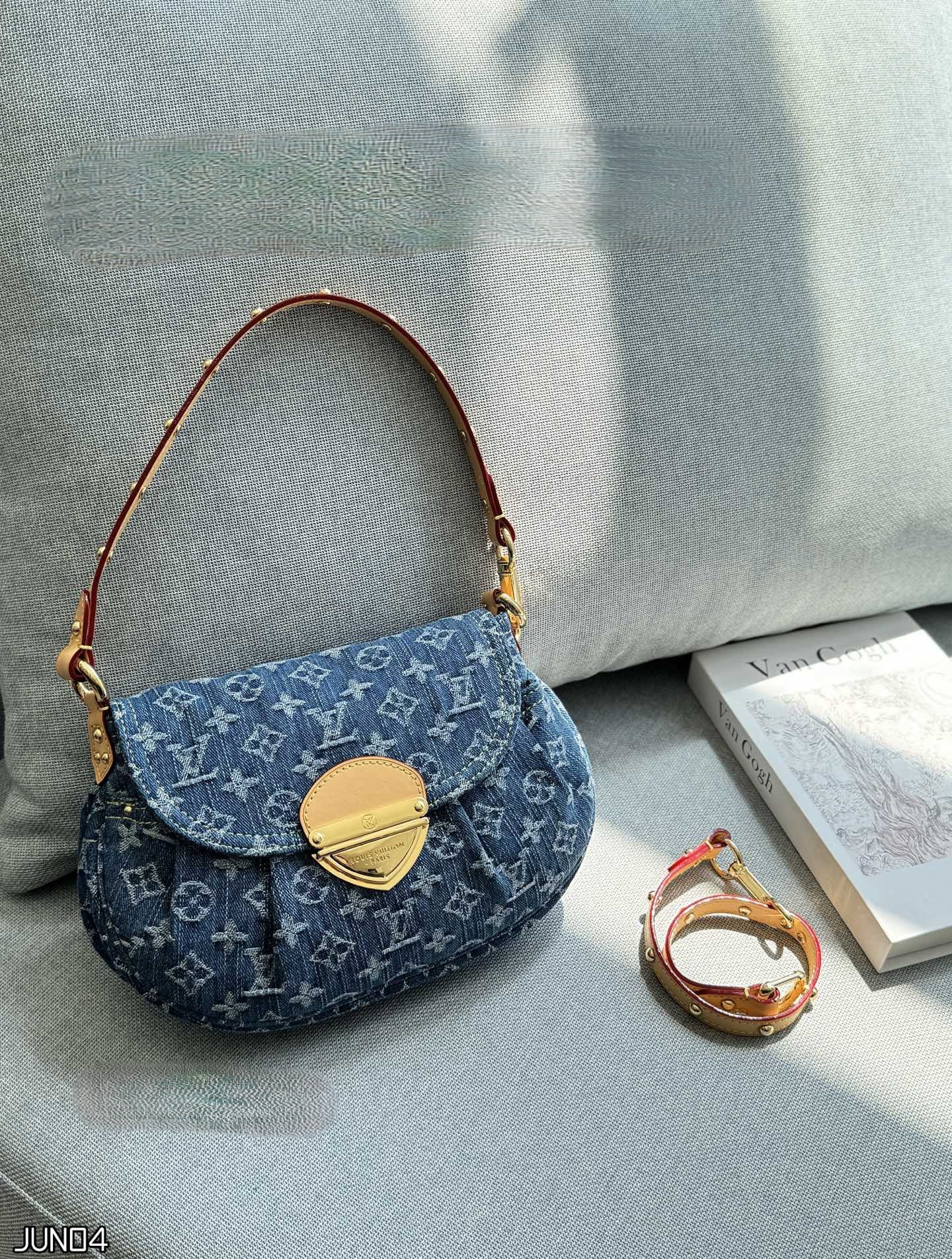 Louis Vuitton Monogram Jacquard Denim Pleaty Mini Studs Handle Ruched Rounded Hobo Shoulder Bag - KAIROO