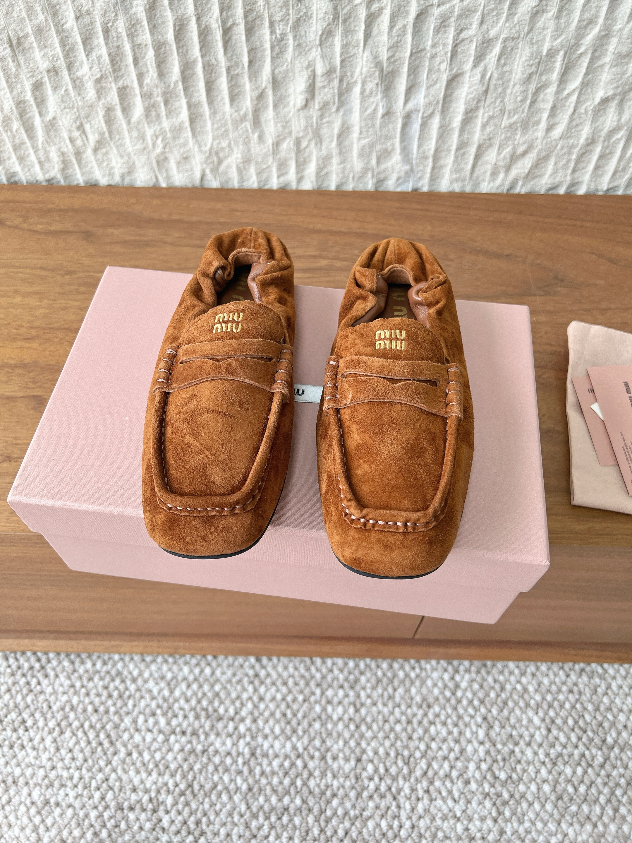 Miu Miu Ruched Suede Loafers