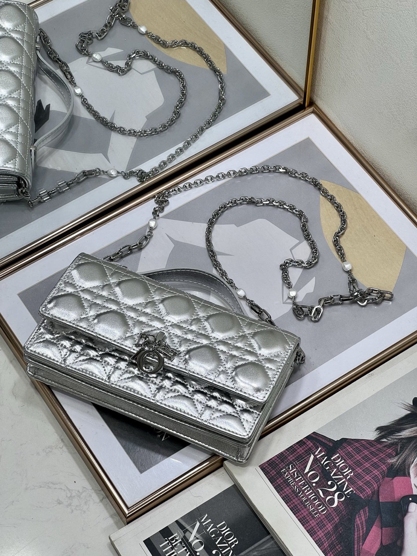 Miss Dior Chain Wallet/Clutch in Silver Cannage Lambskin