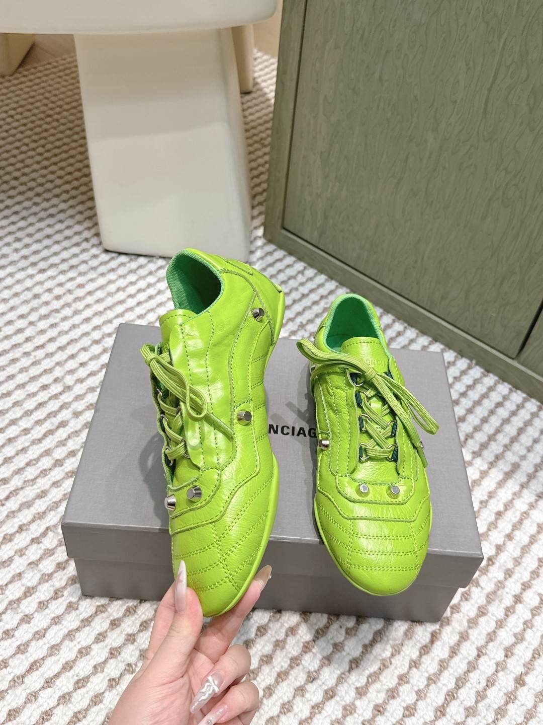 Balenciaga Cagole Fluo Green Arena Studded Quilted Leather Speed GAT Sneakers - KAIROO