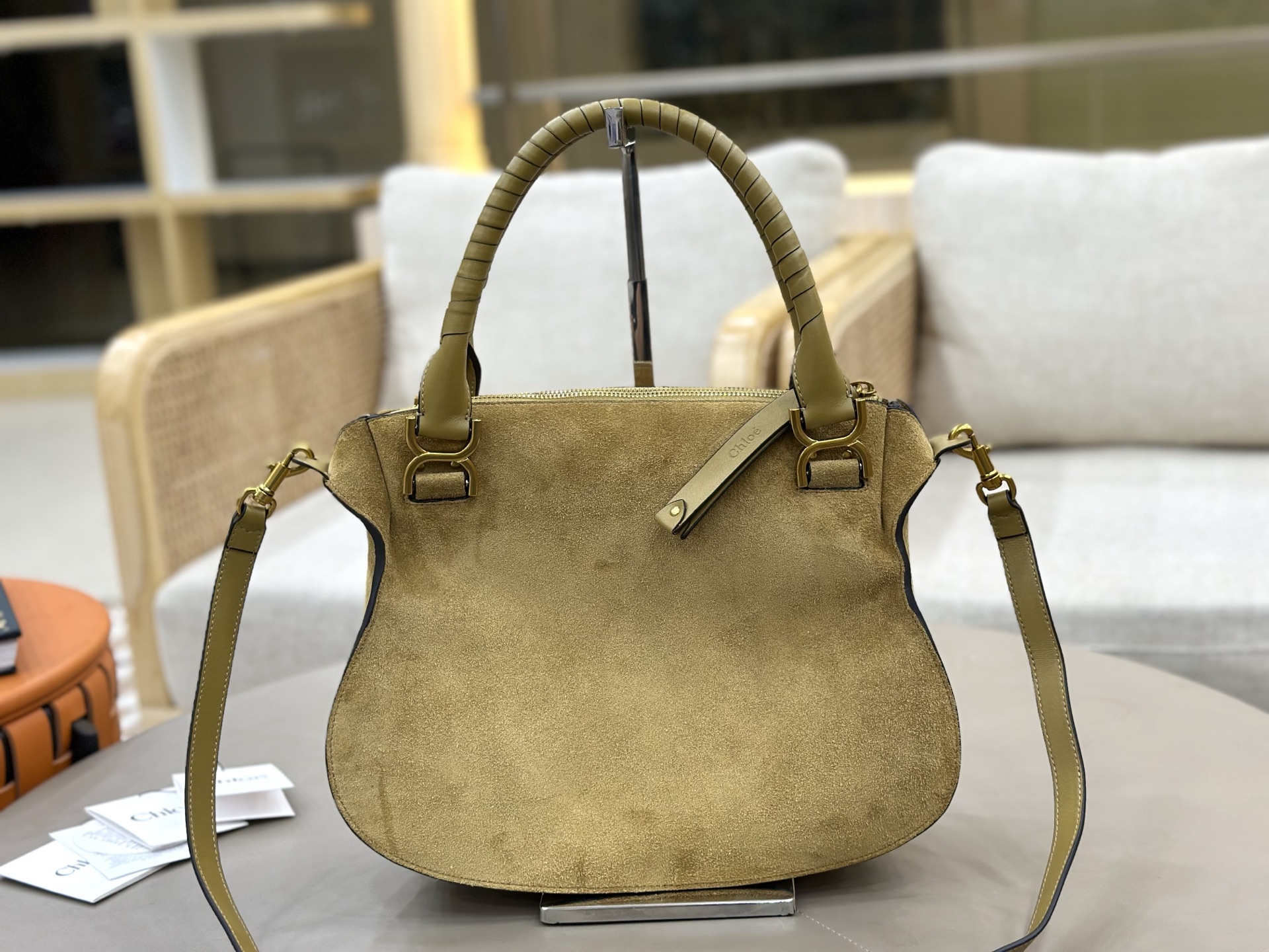 Chloe Small Marcie Bag in Suede Leather-Deep beige