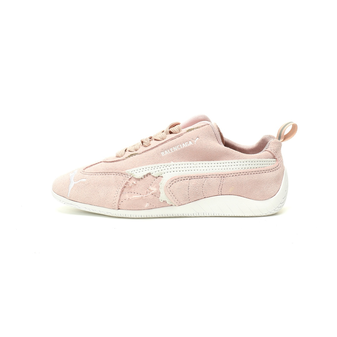 Balenciaga x Puma Pink Worn-Out Broken Logo Leather Suede Speed GAT Sneakers - KAIROO