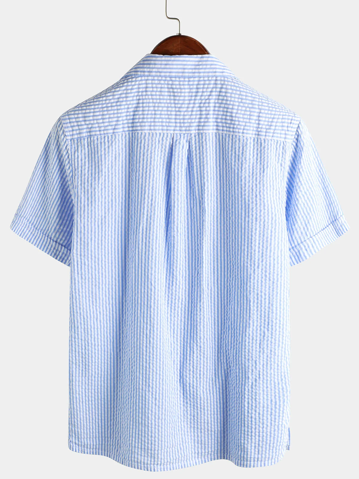 Men's Blue Striped Cotton Summer Button-Up Cuban Collar Camp Beach Short Sleeve Shirt