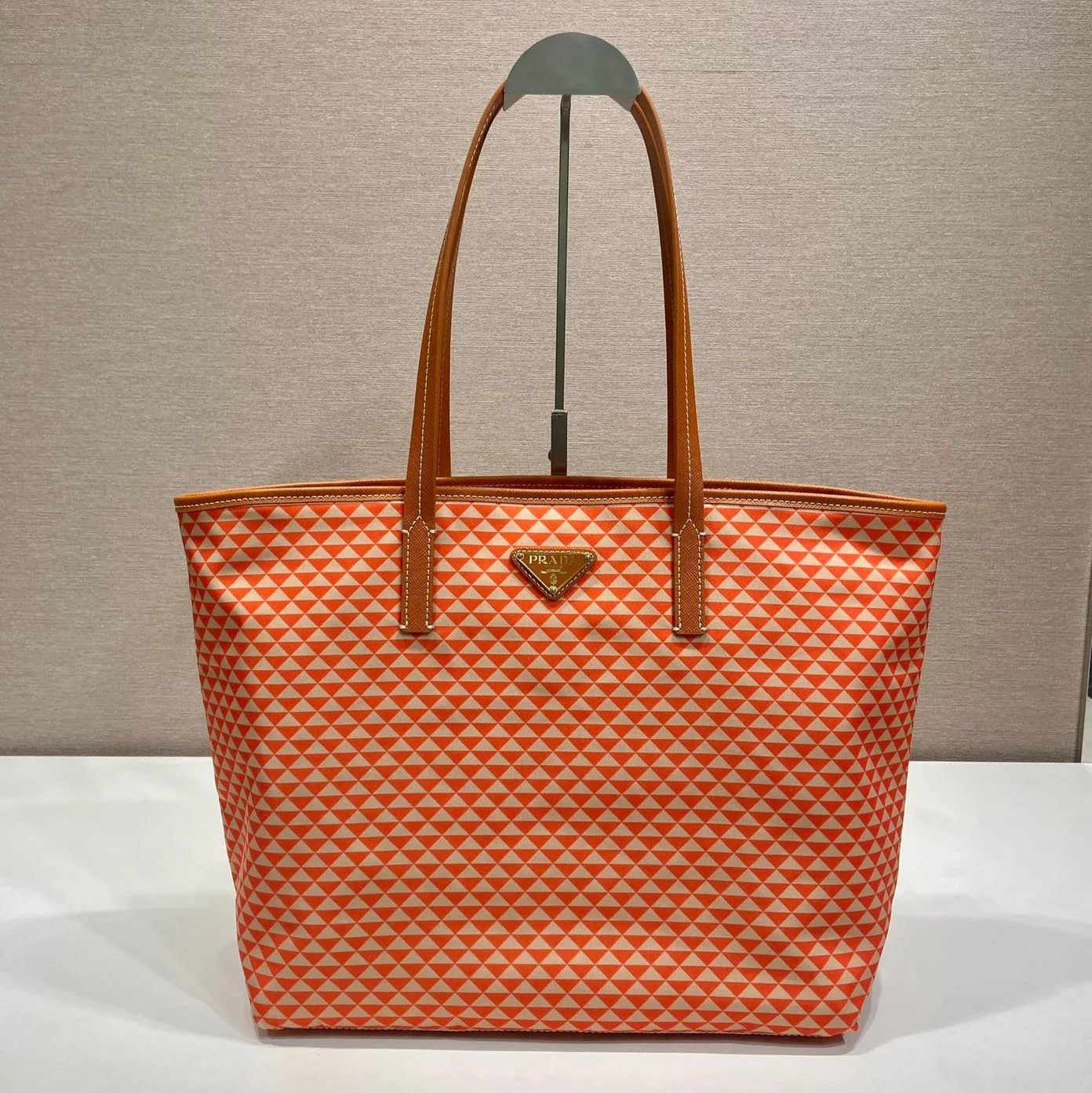Prada TOTE BAG 33 IN ORANGE MIX WHITE TRIANGLE PATTERN EMBROIDERED FABRIC