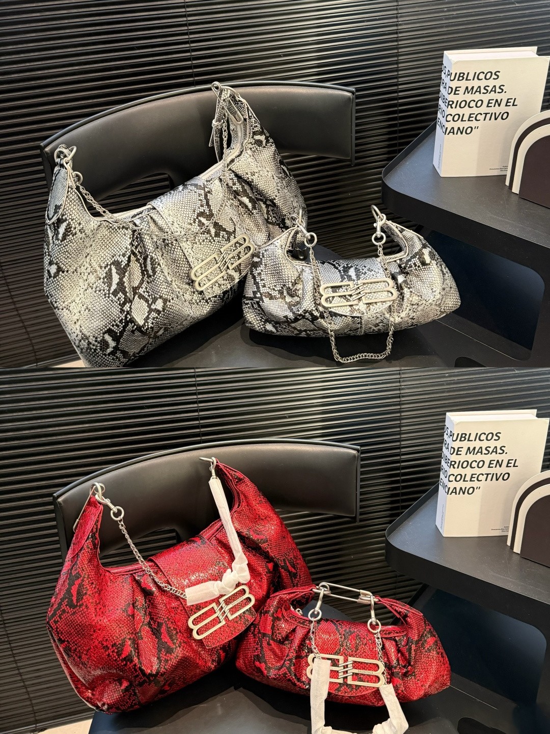 Balenciaga Snakeskin Leather BB Logo Turn-Lock Chain Pamela Safety Pin Shoulder Hobo Bag - KAIROO