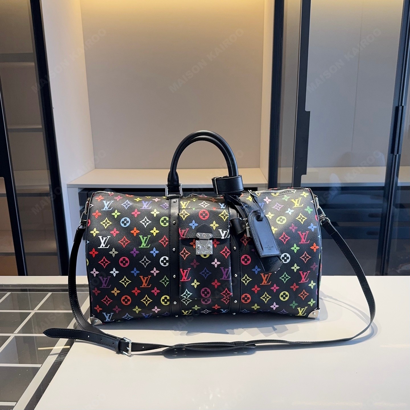 Louis Vuitton LV x TM Keepall Bandouliere 45/50 Black Multicolore Monogram Canvas Travel Bag - KAIROO
