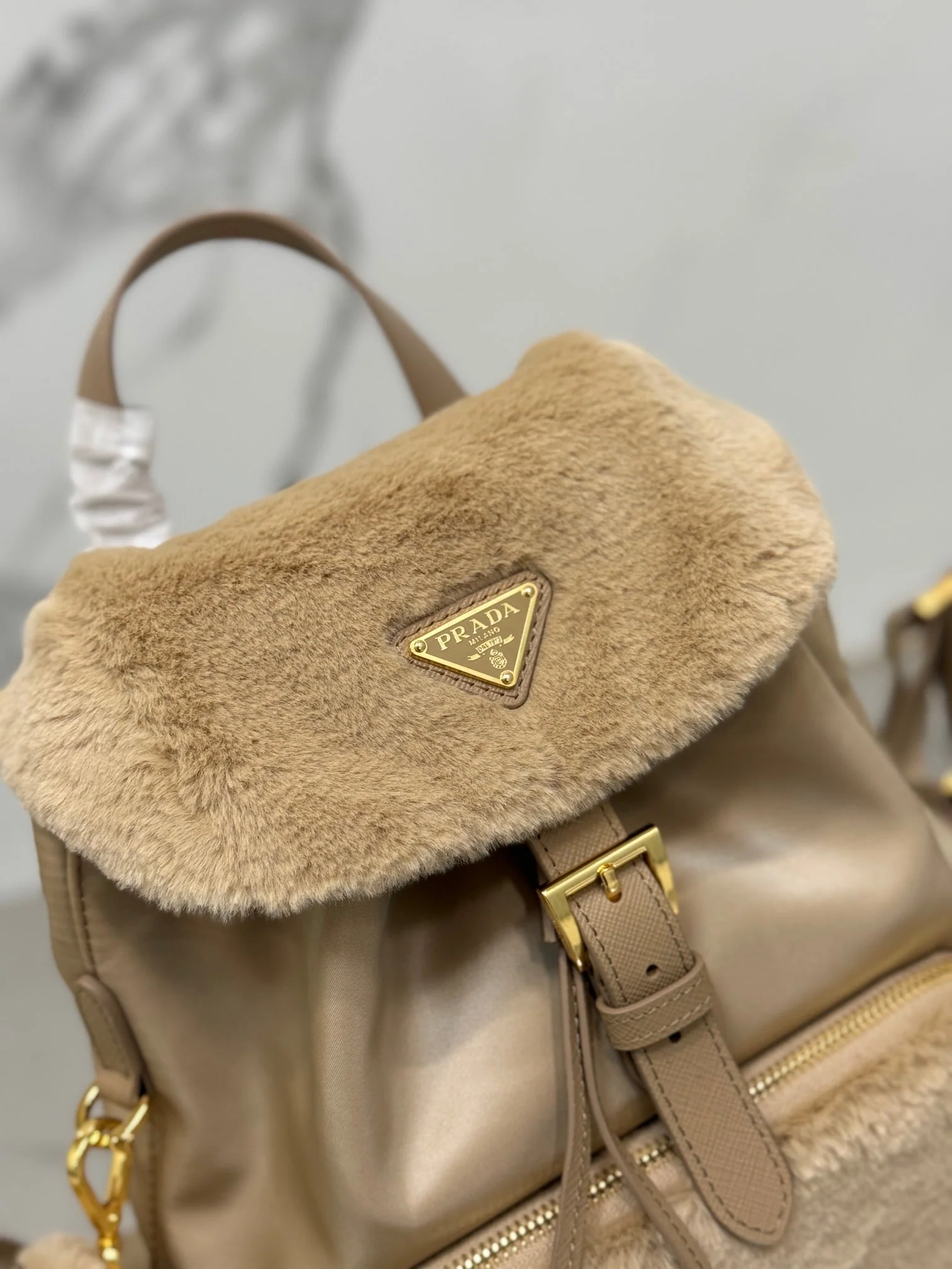 Prada BACKPACK 25 IN BEIGE PARACHUTE FABRIC AND RABBIT FUR