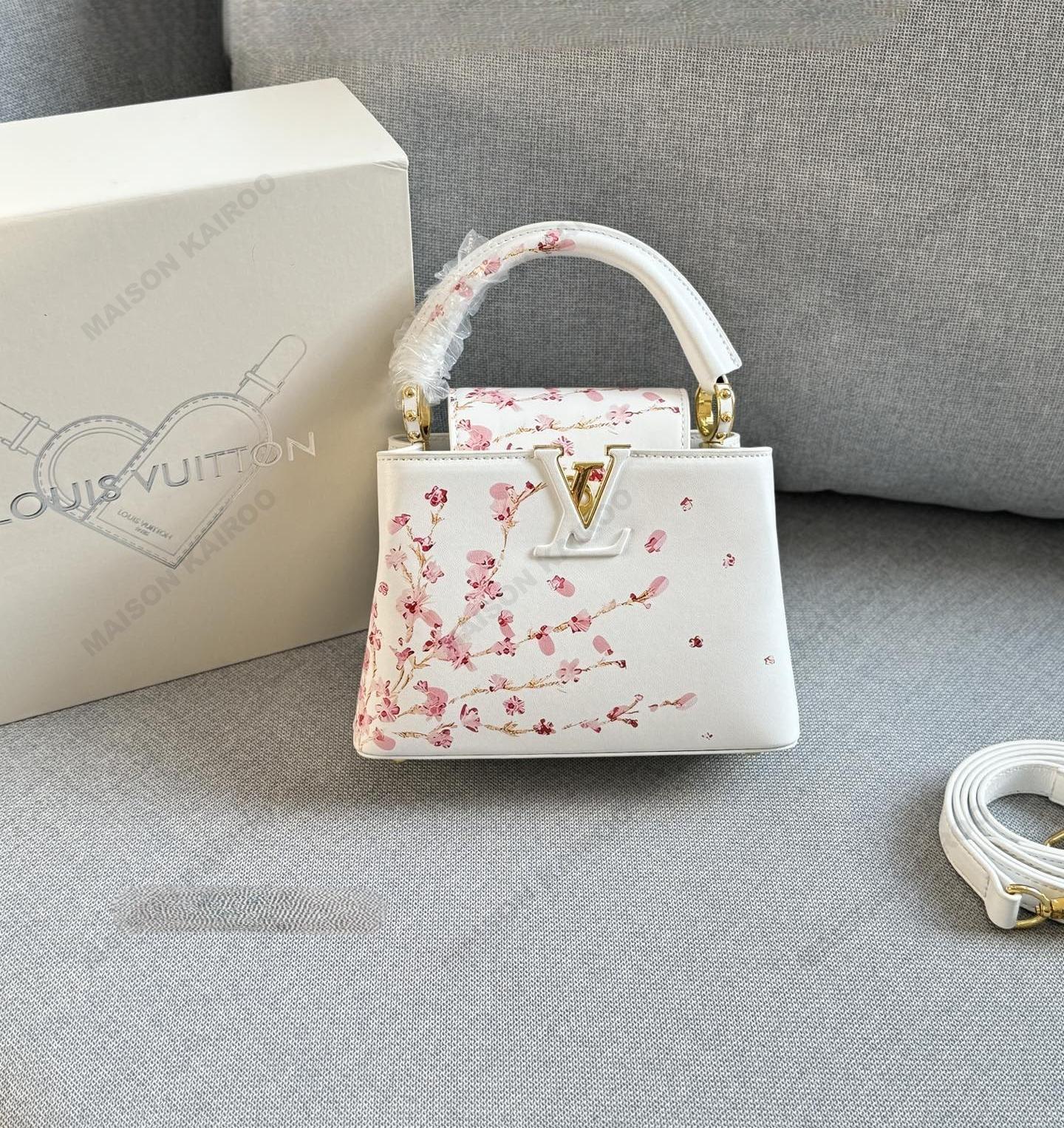 Louis Vuitton LV Capucines BB/Mini Sakura Cherry Blossom Painted Smooth Leather Top Handle Bag - KAIROO