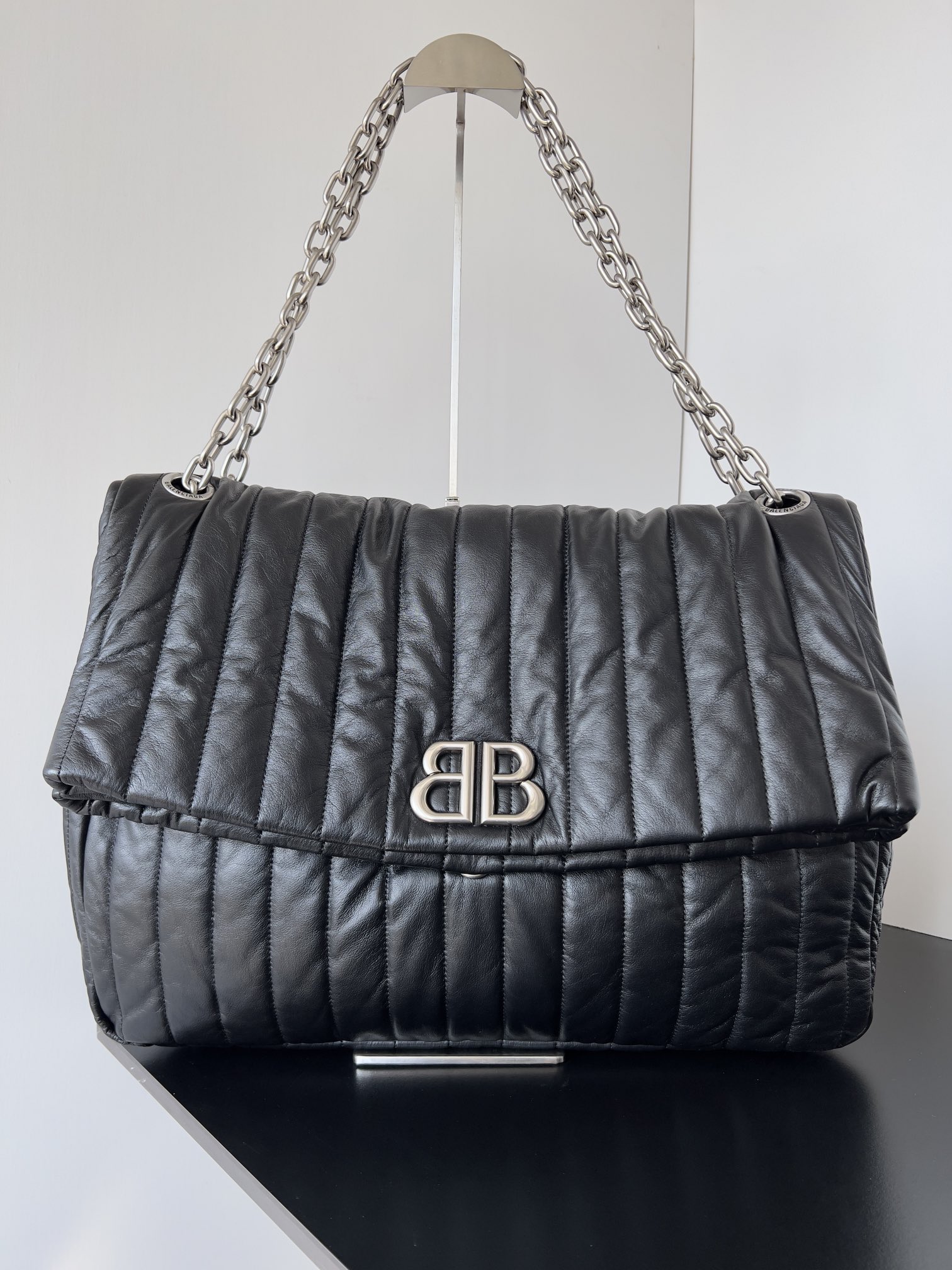 Balenciaga Monaco Black Large& Medium Vertical Quilted Leather Fold BB Flap Chain Shoulder Bag - KAIROO