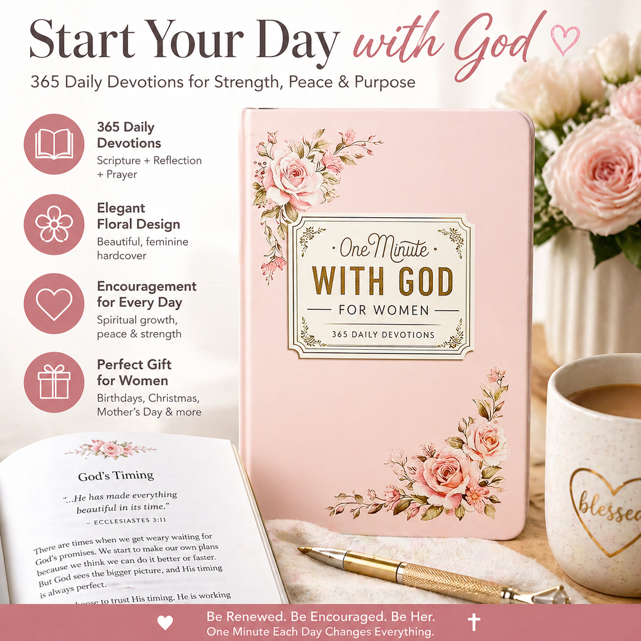 One Minute with God for Women - 365 Daily Devotions Book, Elegant Floral Hardcover Spiritual Journal & Inspirational Gift for Daily Prayer